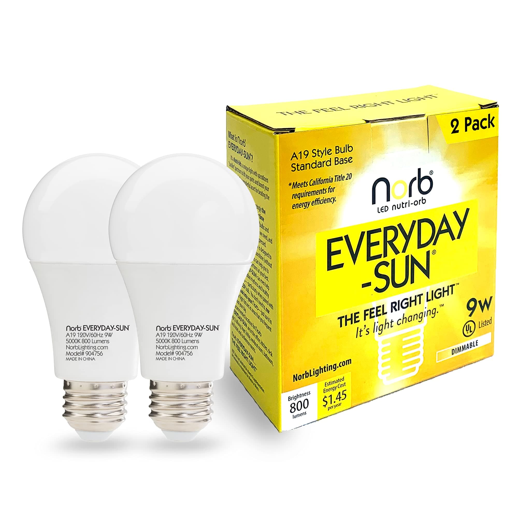 Everyday Sun Light Bulb - Full Spectrum Wellness Lighting, Sunlight-Mimicking Technology for Energy, Mood & Performance. Supports Sleep/Wake Cycles, 5000K, 9W, US Based, Budget-Priced (2-Pack)