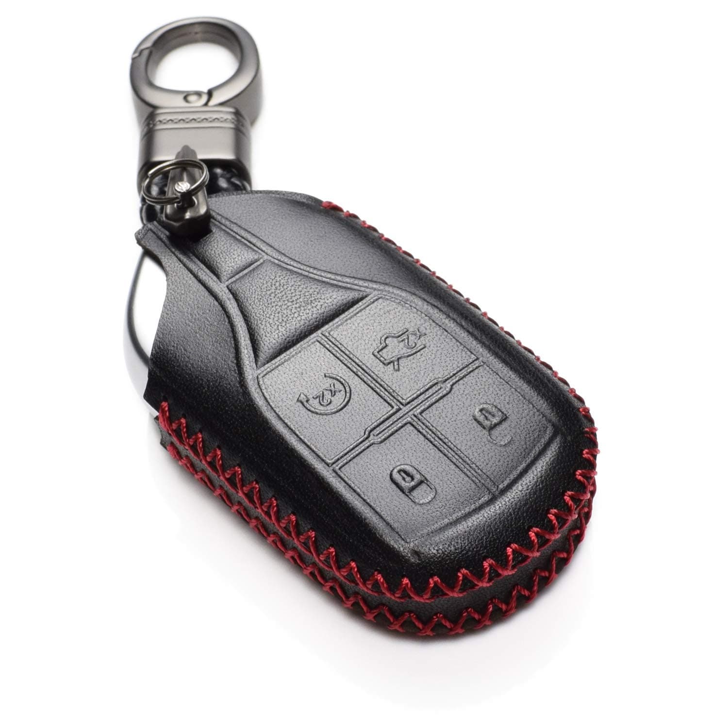 Vitodeco Genuine Leather Keyless Smart Key Fob Case Cover Compatible with Maserati Ghibli, Levante, Quattroporte (Remote Start, Black/Red)