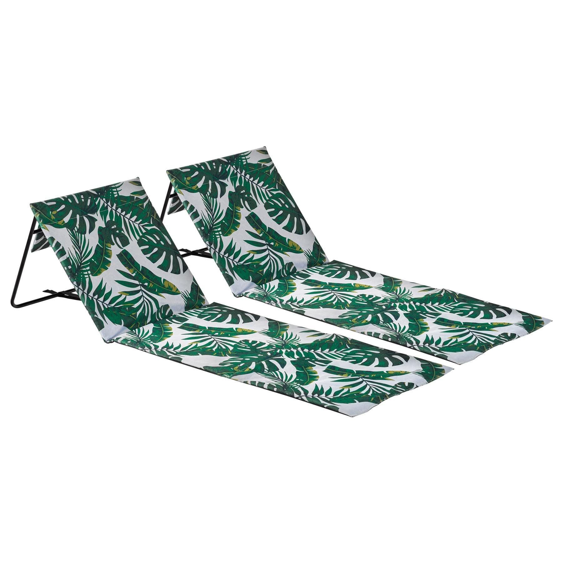 Harbour Housewares Folding Beach Sun Lounger - Banana Leaf - Pack of 2 - Foldable Canvas Beach Mat Lounger Portable Garden Sunlounger Mat with Backrest for Garden, Camping, Festivals