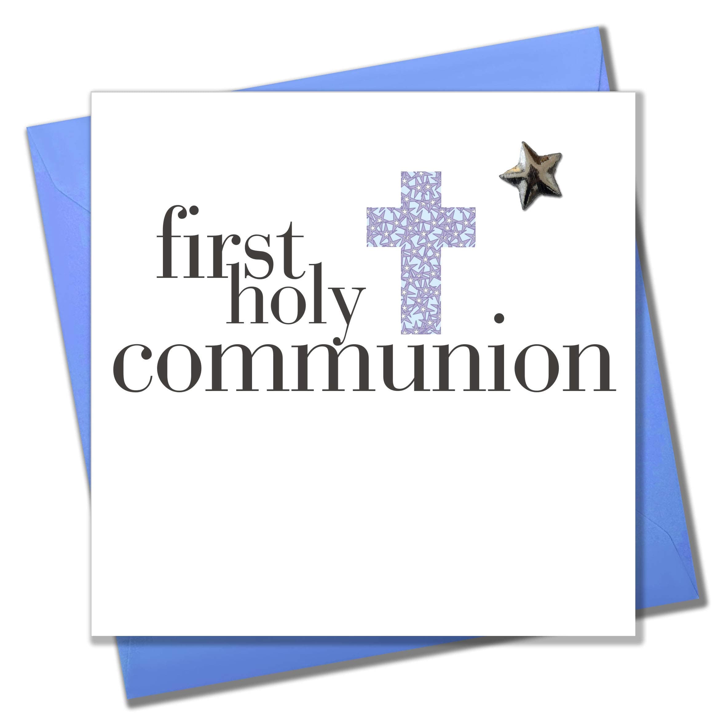 First Holy Communion Boy Card, Blue Cross design, Embellished with a shiny padded star
