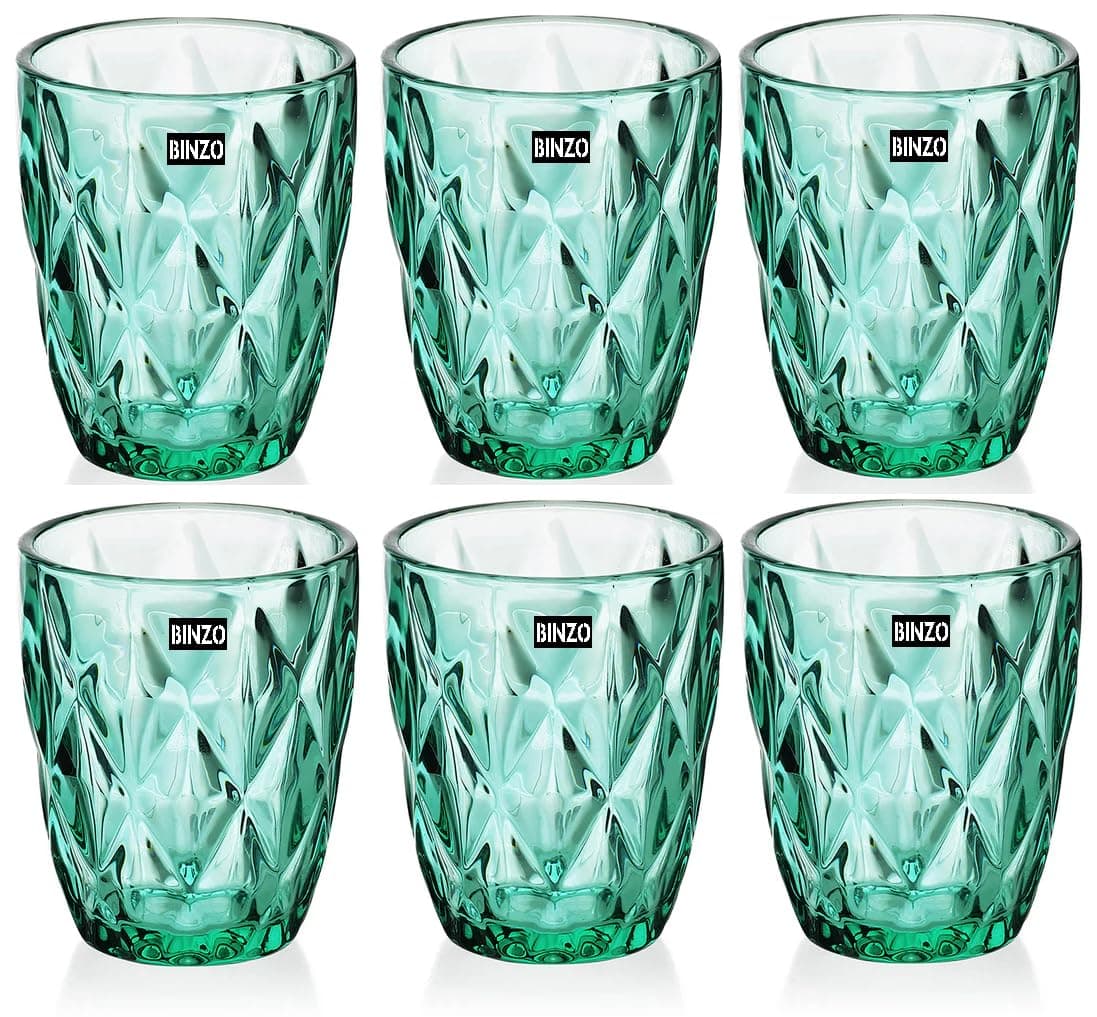BINZO Color Water Glasses, Set of 6, 300 ml, Textured, Green Colored Glassware, Drinking Tumbler Glass for Juice, Drinks, Home, Kitchen, Beverage, Gift (Green, Small, 300 ml, Set of 6)