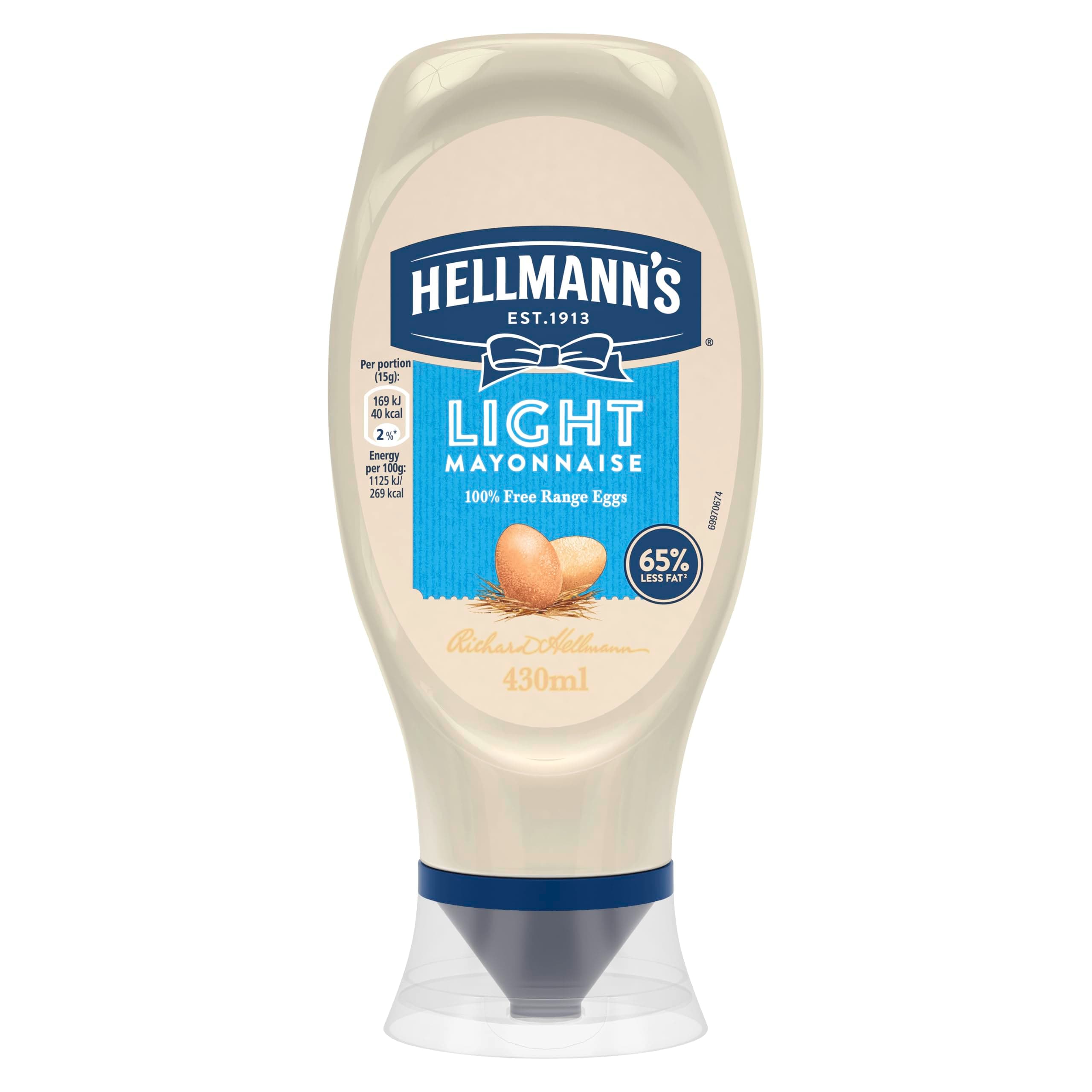 Light Mayonnaise Condiment 100% recycled squeeze bottle light mayo for burgers, sandwiches and salads, 430ml