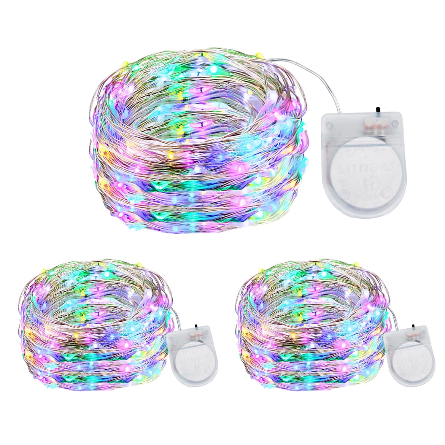 Coloured Fairy Lights CR2450 Battery Operated, 3Pack 3M 30LED Waterproof Copper Wire Fairy String Lights for Indoor Outdoor Lighting, Christmas, Party, Wedding, Bedroom, Jars Bottle Decor(Multicolor)