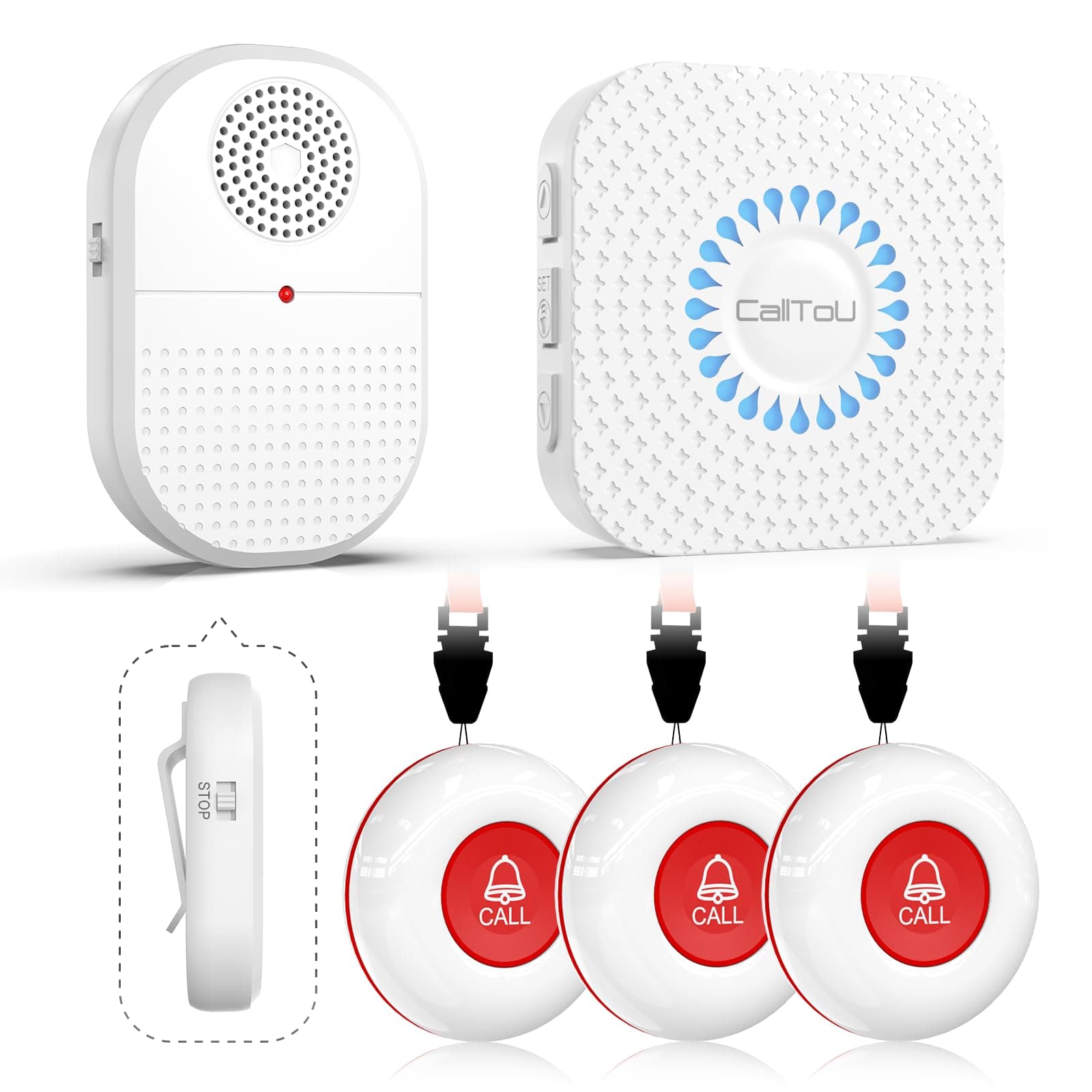 Wireless Caregiver Pager Call Button for Hard of Hearing Waterproof 500+ FT Nurse Alert System Elderly Monitoring Patient/Seniors 3 Panic Button 1 Plug-in 1 Vibration Receiver