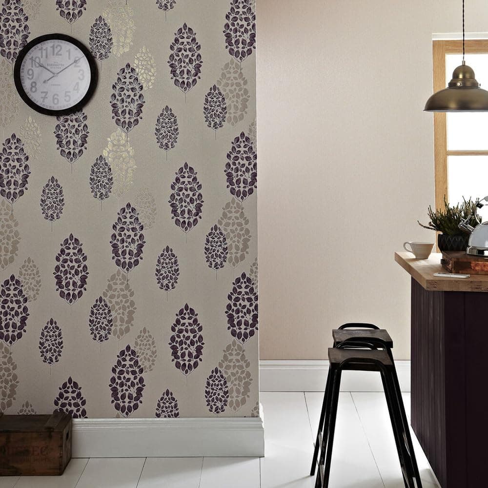 Superfresco Lucy Tree Motif Metallic Glitter Plum Purple Wallpaper