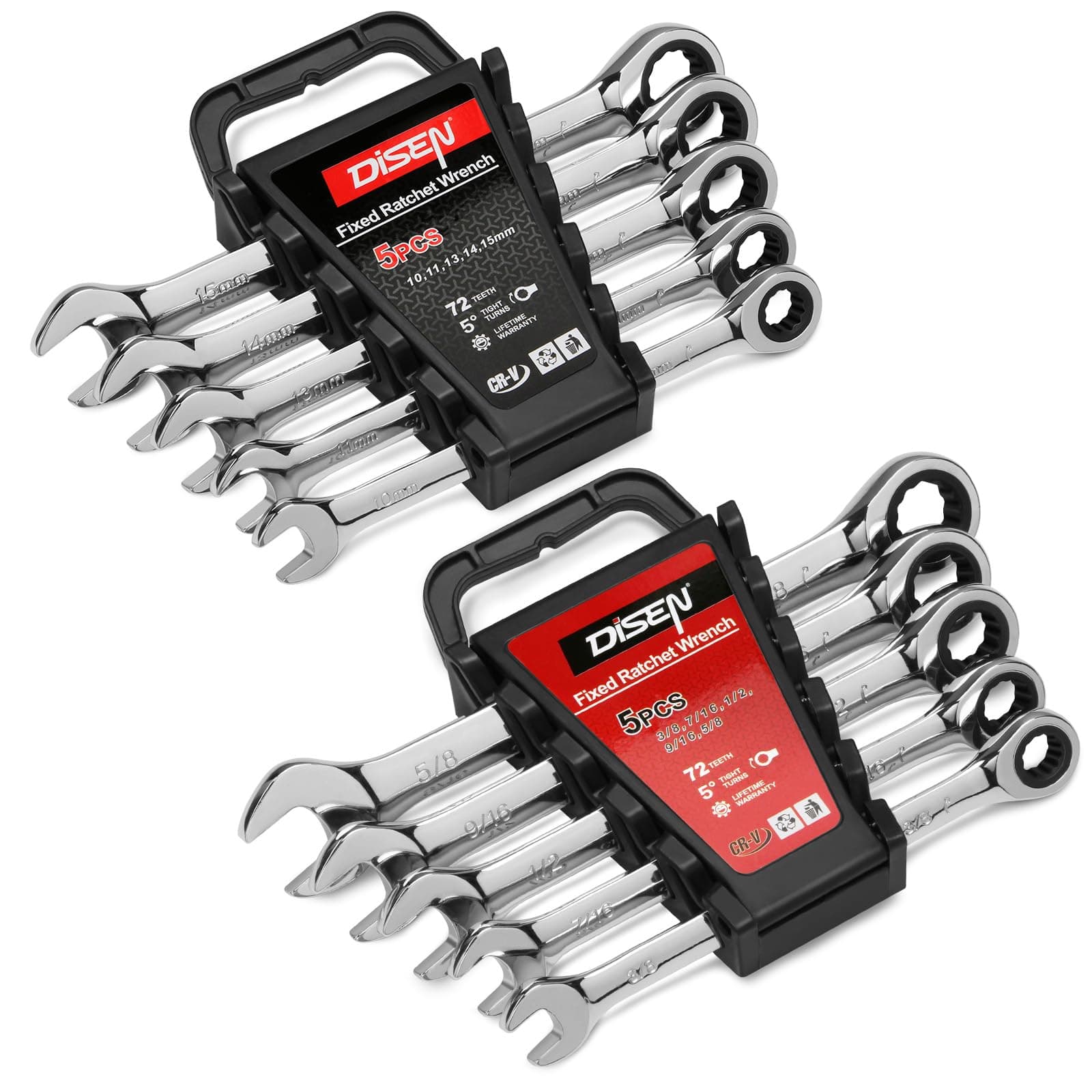 DISEN 10Pcs Ratcheting Wrench Set SAE & Metric Ratchet Wrench Set with Rack Organizer, Premium CR-v Steel, 12 Point, 72 Teeth,Box End and Open End Ratcheting Wrench Set,Metric 10-15mm&SAE 3/8''-5/8''