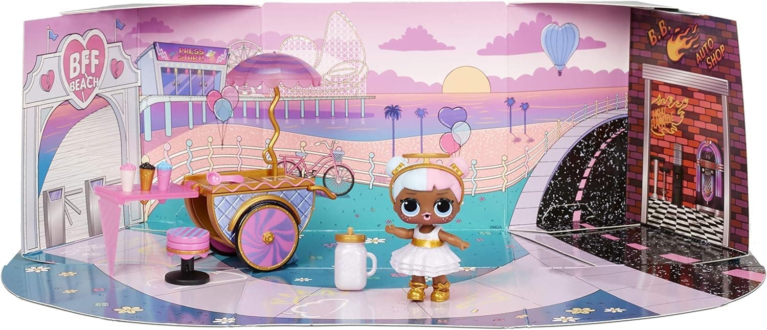 LOL Surprise Furniture Sweet Boardwalk with Sugar Doll and 10+ Surprises, Doll Candy Cart Furniture Set, Accessories
