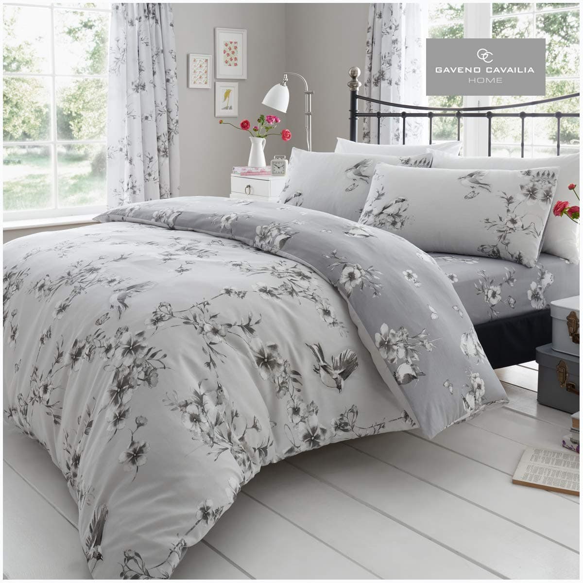 GC GAVENO CAVAILIA Duvet Bedding Set | Flower Comforter Cover & linen | Super King Bed Set| Grey