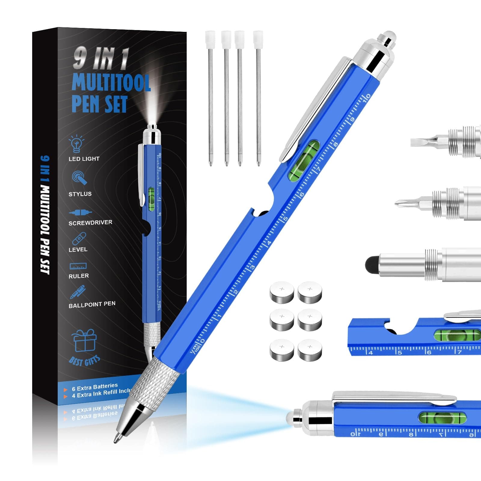 Cool Pen Gifts for Men, 9-in-1 Multi Tool Tech Pen Gadgets Tools for Men, Personalized Gifts for Dad or Him, Funny Gift for Christmas, Father's Day Valentines or Birthdays Gifts (9 IN 1 Blue)