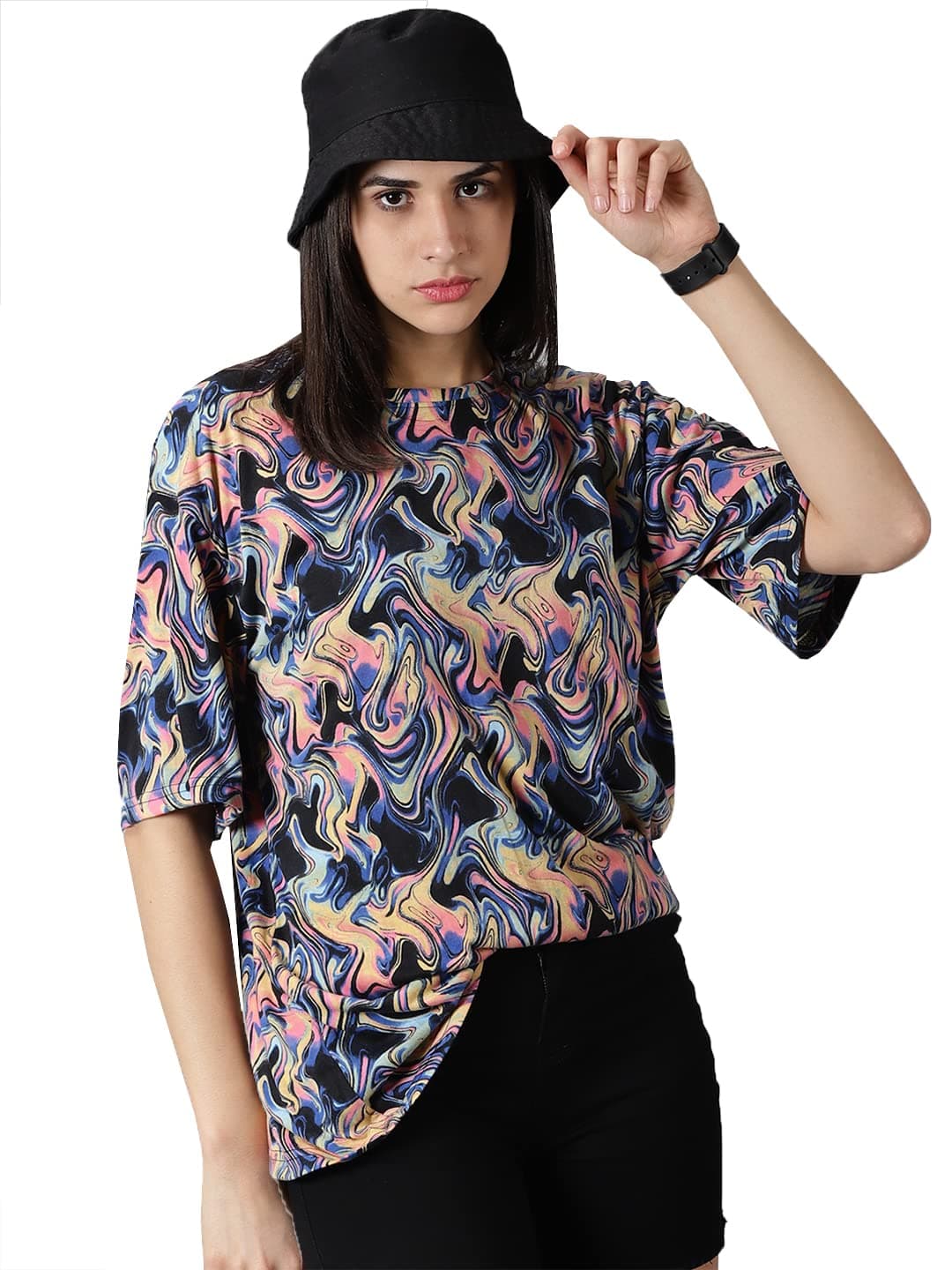 RodZen Oversized 100% Pure Cotton Round Neck Abstract Printed T-Shirt for Womens/Girls