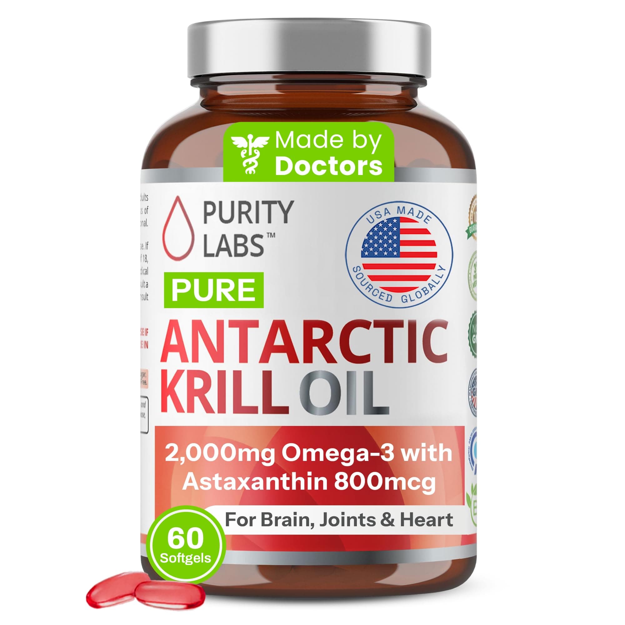 Pure Antarctic Krill Oil with Astaxanthin and K-REAL - 1,000mg per serving - 60 Liquid Softgels - Contains DHA & EPA Omega 3s and Phospholipids - Sustainably Sourced and Third Party Tested for Maxi...