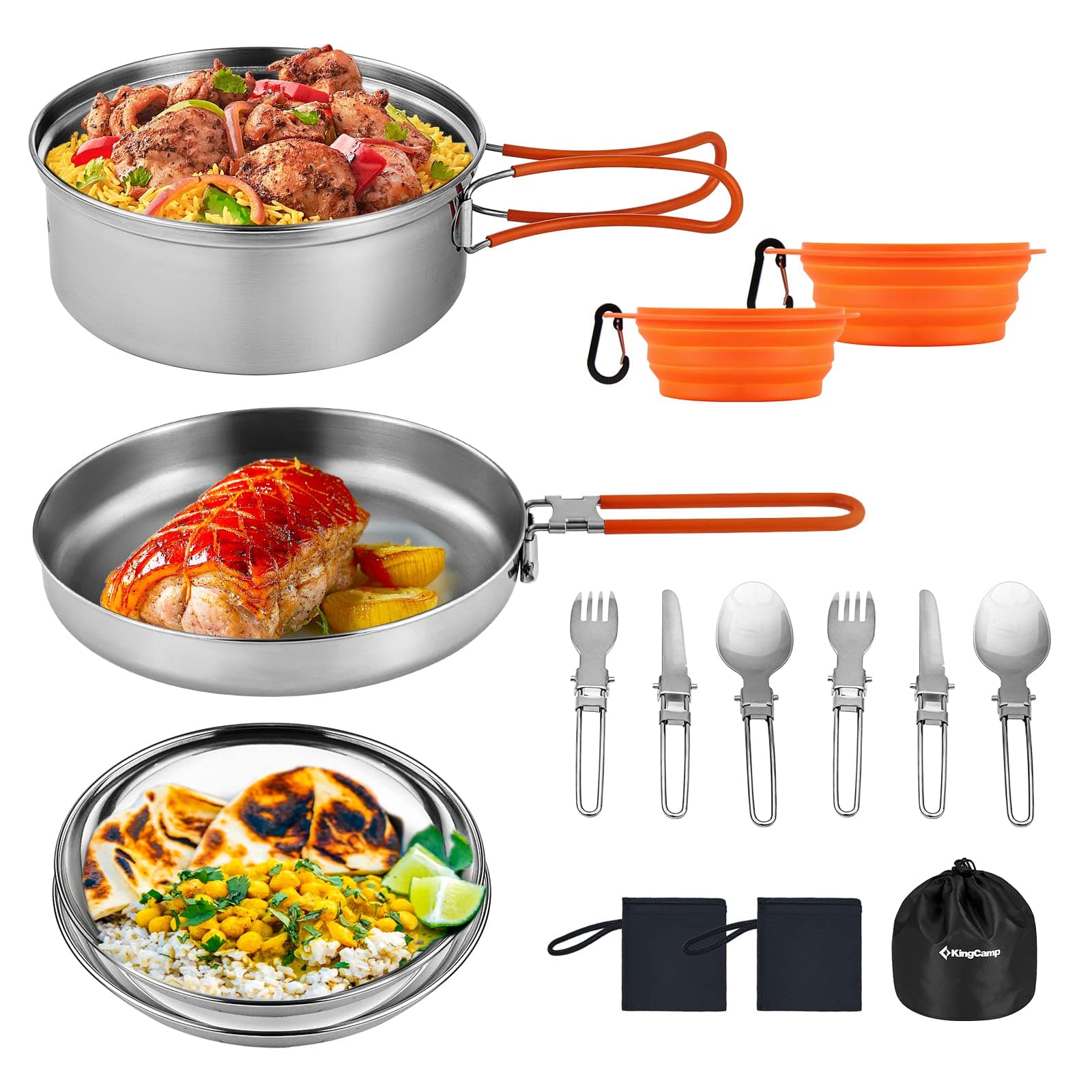 KingCampCamping Cookware, Lightweight Cook Set Non-Stick Stainless Steel Essentials Mess Kit with Pot Pan Cups Plates Forks Knives Spoons for Camping Backpacking Outdoor Picnic