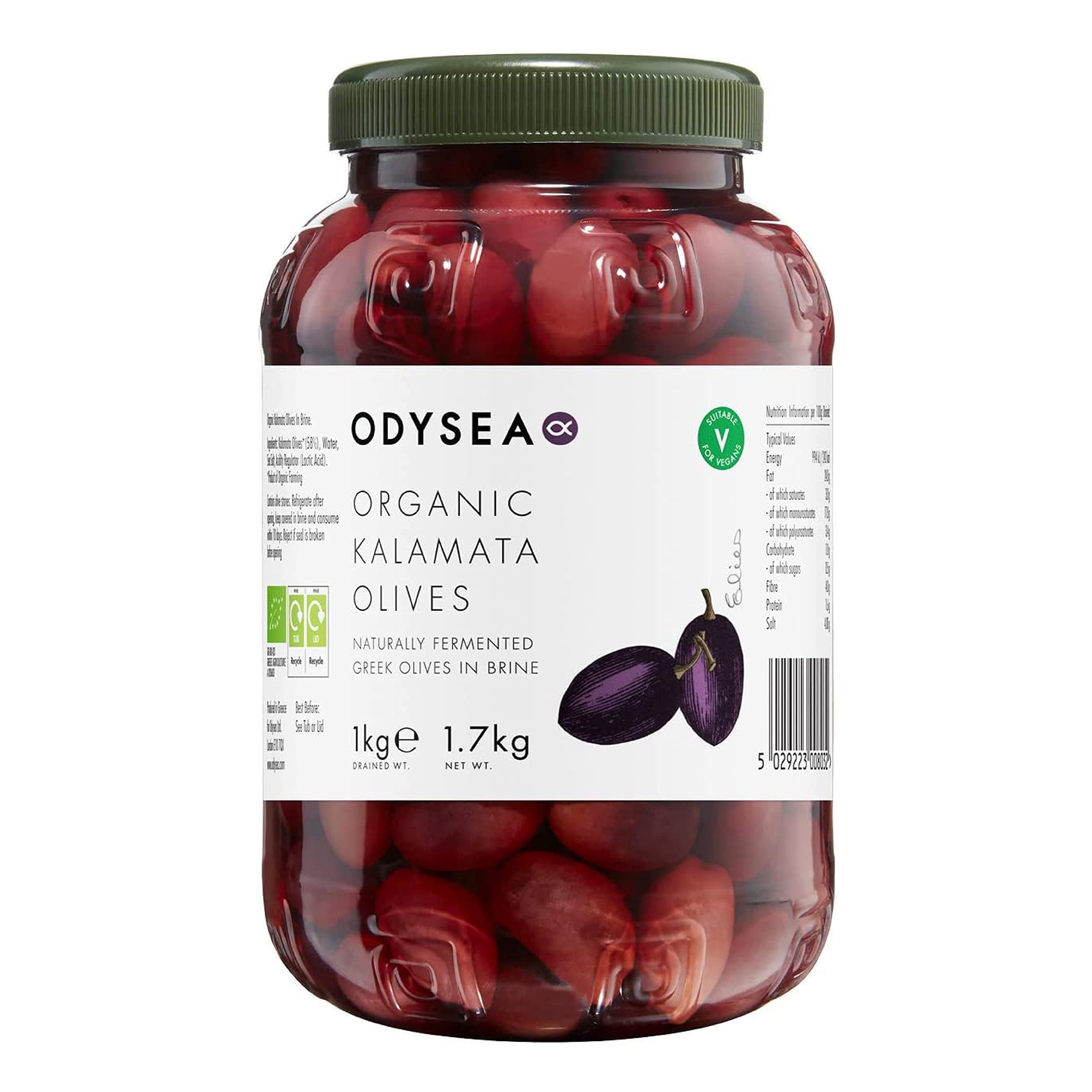 Odysea Organic Unpitted Kalamata Olives in brine, 1kg