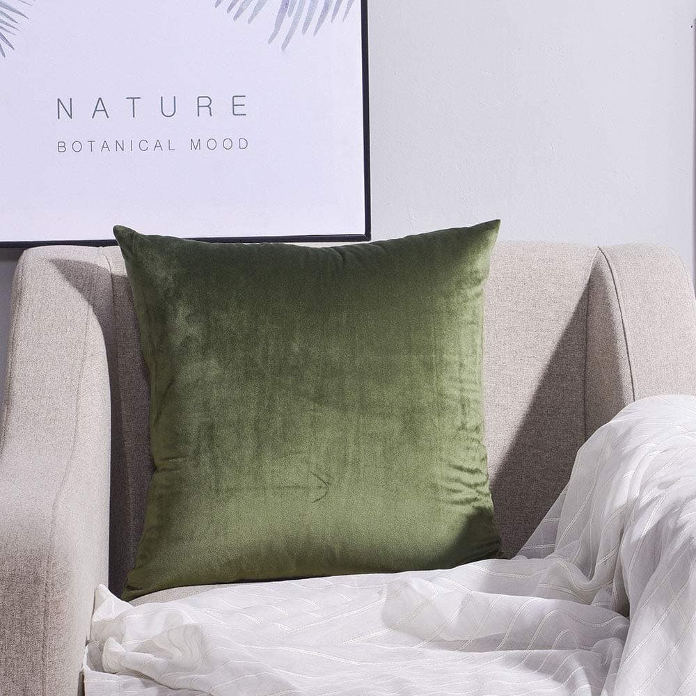 FanArti Decorative Square Throw Pillow Cover Soft Velvet Outdoor Cushion Case with Balls for Couch Sofa Bedroom Bed Car Seat (B-Velvet Olive Green, Single Piece,18"×18")