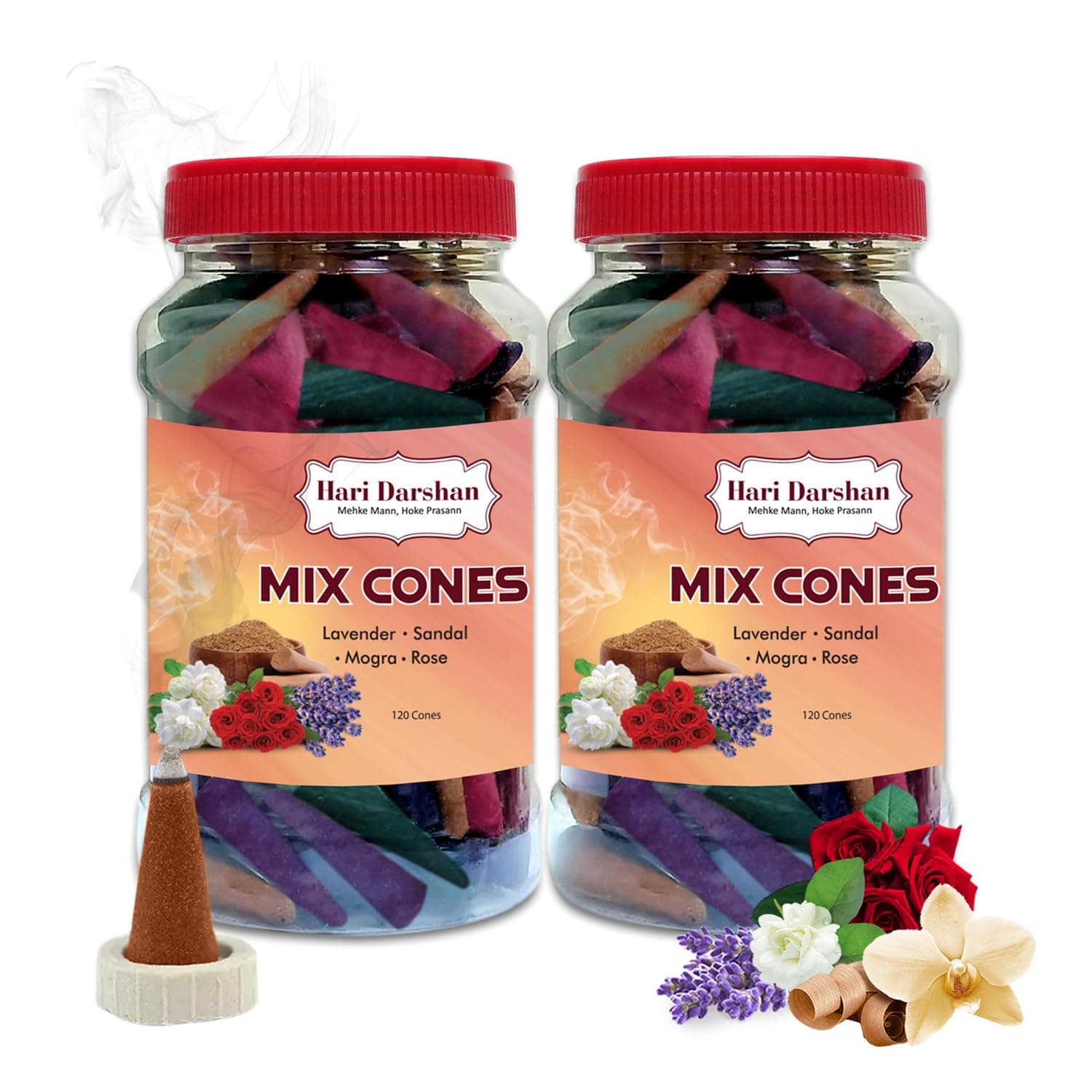 Hari Darshan Dry Dhoop Cones Mix - 240 Cones | Lavender | Rose | Sandal | Mogra | Pack of 2- 120 Cones Each Jar