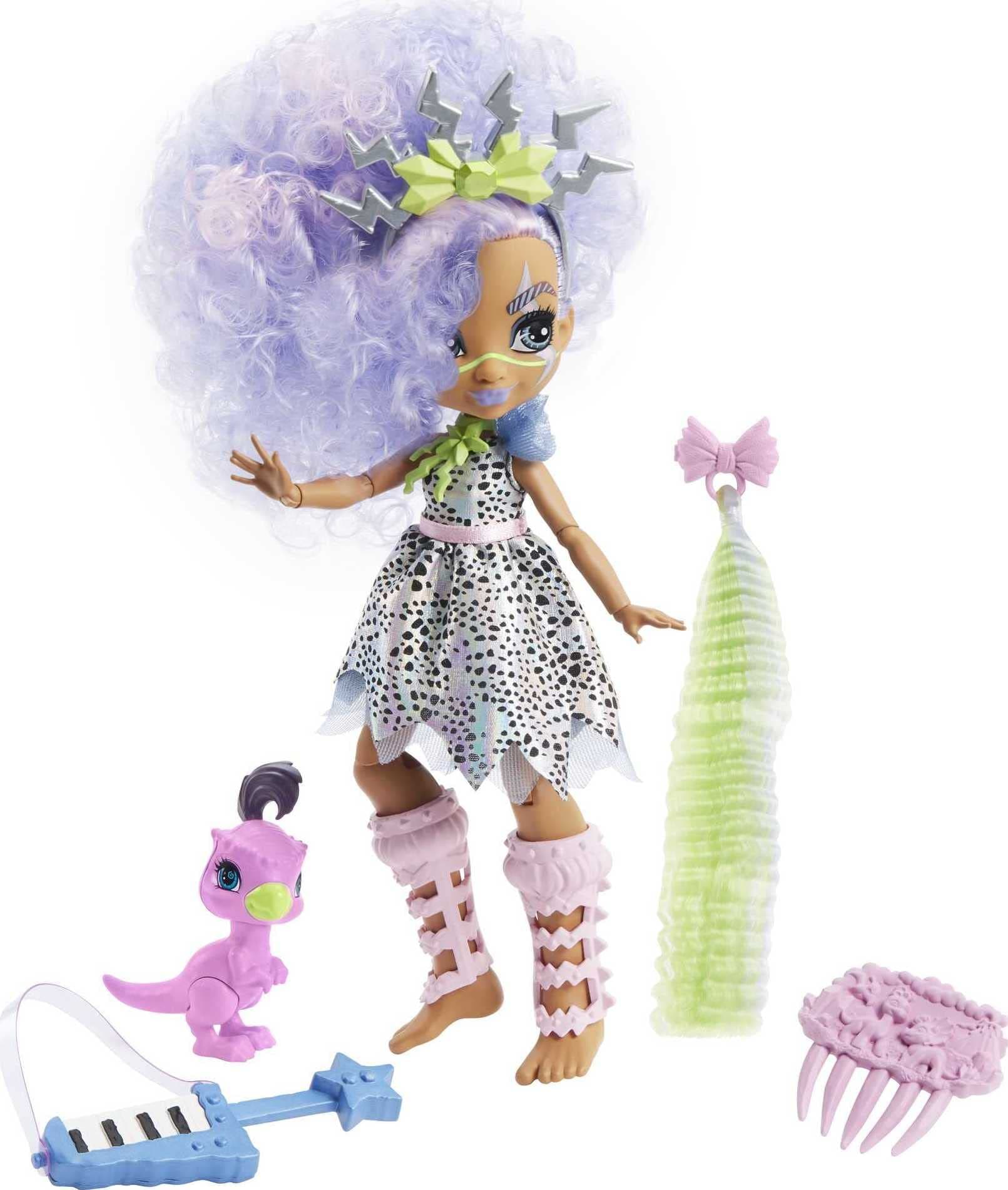 Cave Club Bashley Doll 10-inch, Lavender Hair Poseable Prehistoric Fashion Doll with Dinosaur Pet and Accessories, Gift for 4 Year Olds and Up [Amazon Exclusive]