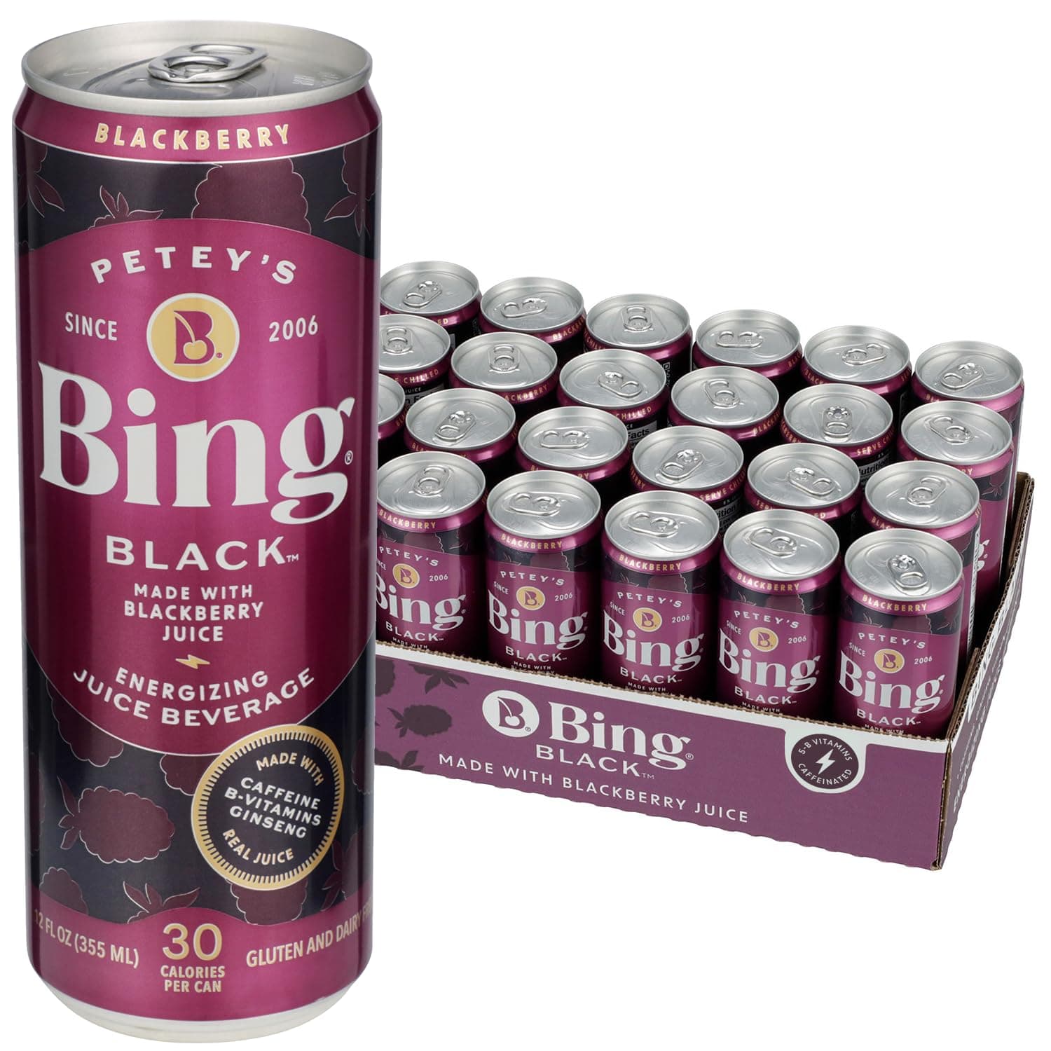 BING BLACK Energizing Juice Beverage – Blackberry (12oz/24pk) – Made with REAL Juice! Only 1g added Sugar, Low Calorie; 5 B-Vitamins & Ginseng; 120mg Caffeine; Vegan, Gluten + Dairy Free. DELICIOUS