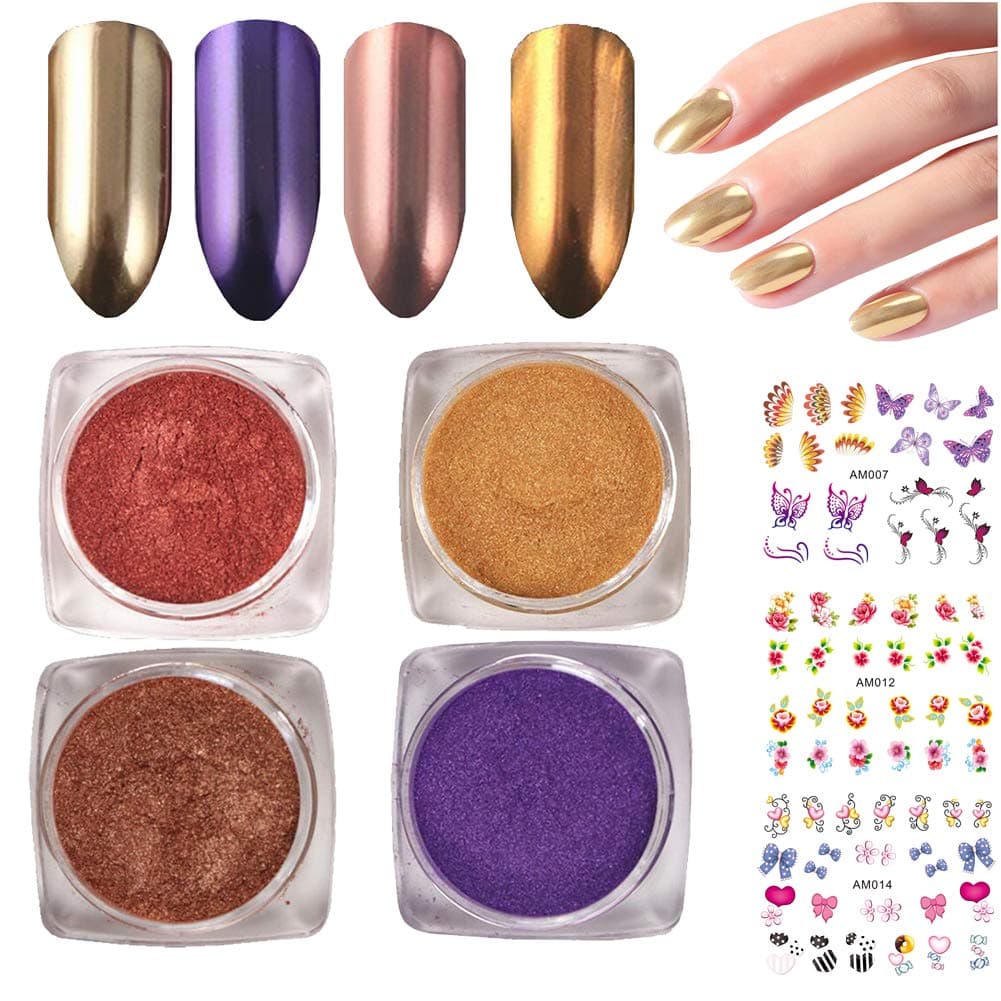 4 Boxes Mirror Nail Powder Glitter Holographic Effect Gold Chrome Pearl Nail Art Powder Metallic Laser Manicure Dip Colors 2G,3Sheets Nail Stickers (LIFE021)