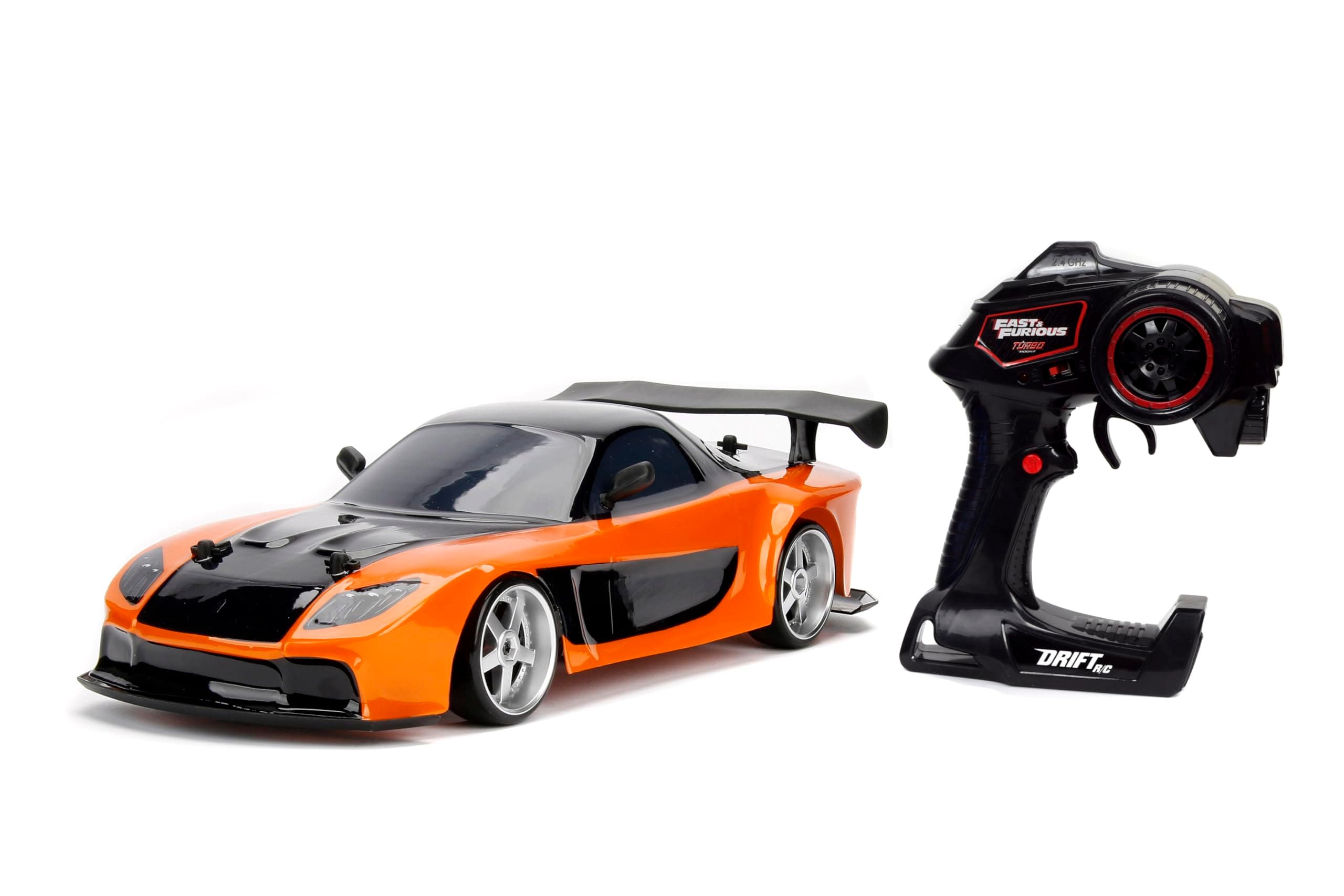 Jada Toys Fast & Furious Han’s Mazda RX-7 Drift RC Car, 1: 10 Scale 2.4Ghz Remote Control Orange & Black, Ready to Run, USB Charging (Standard) (99700)