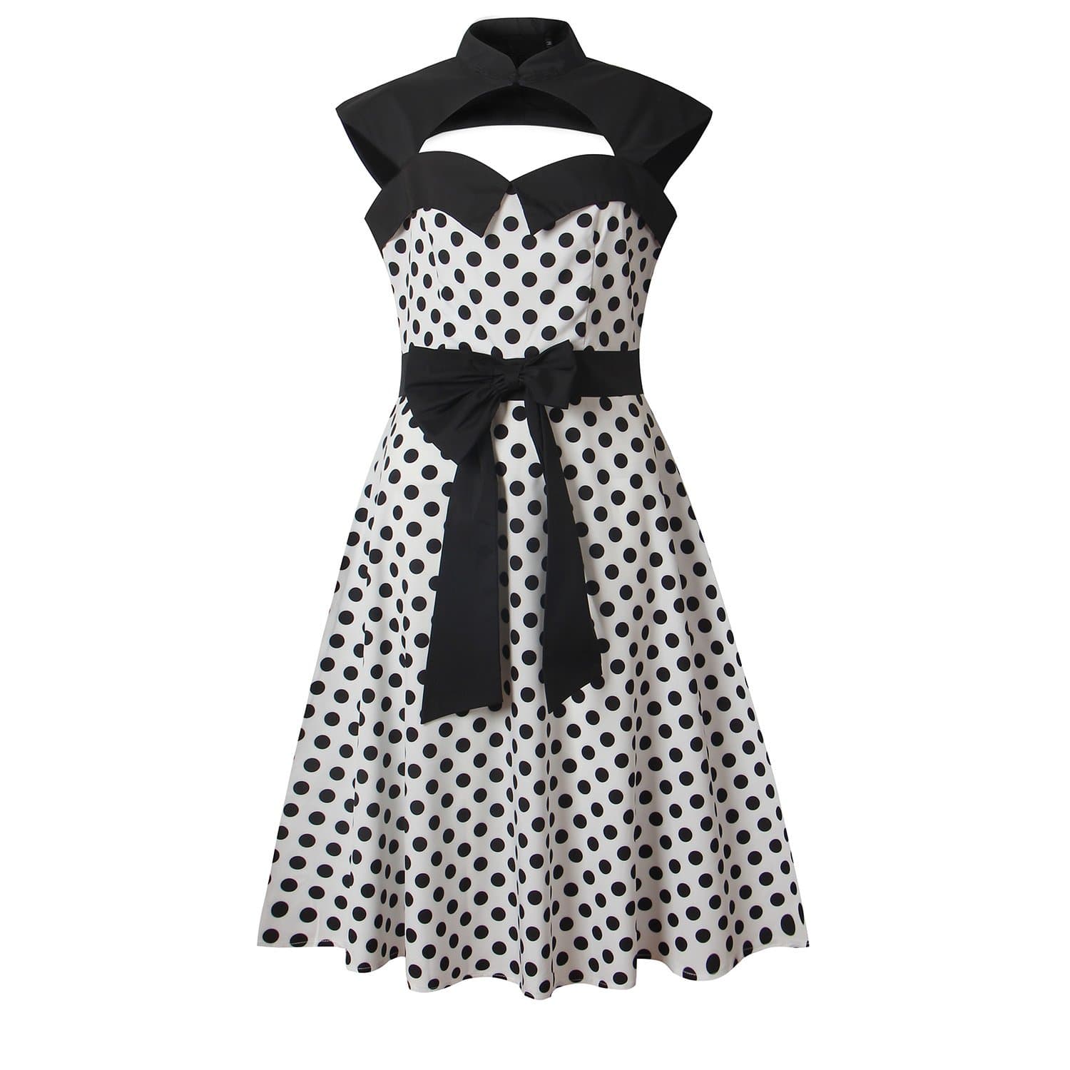 Budding Joy Women's Halter Polka Dots 1950s Vintage Swing Tea Dress (Medium, White & Black Dots)