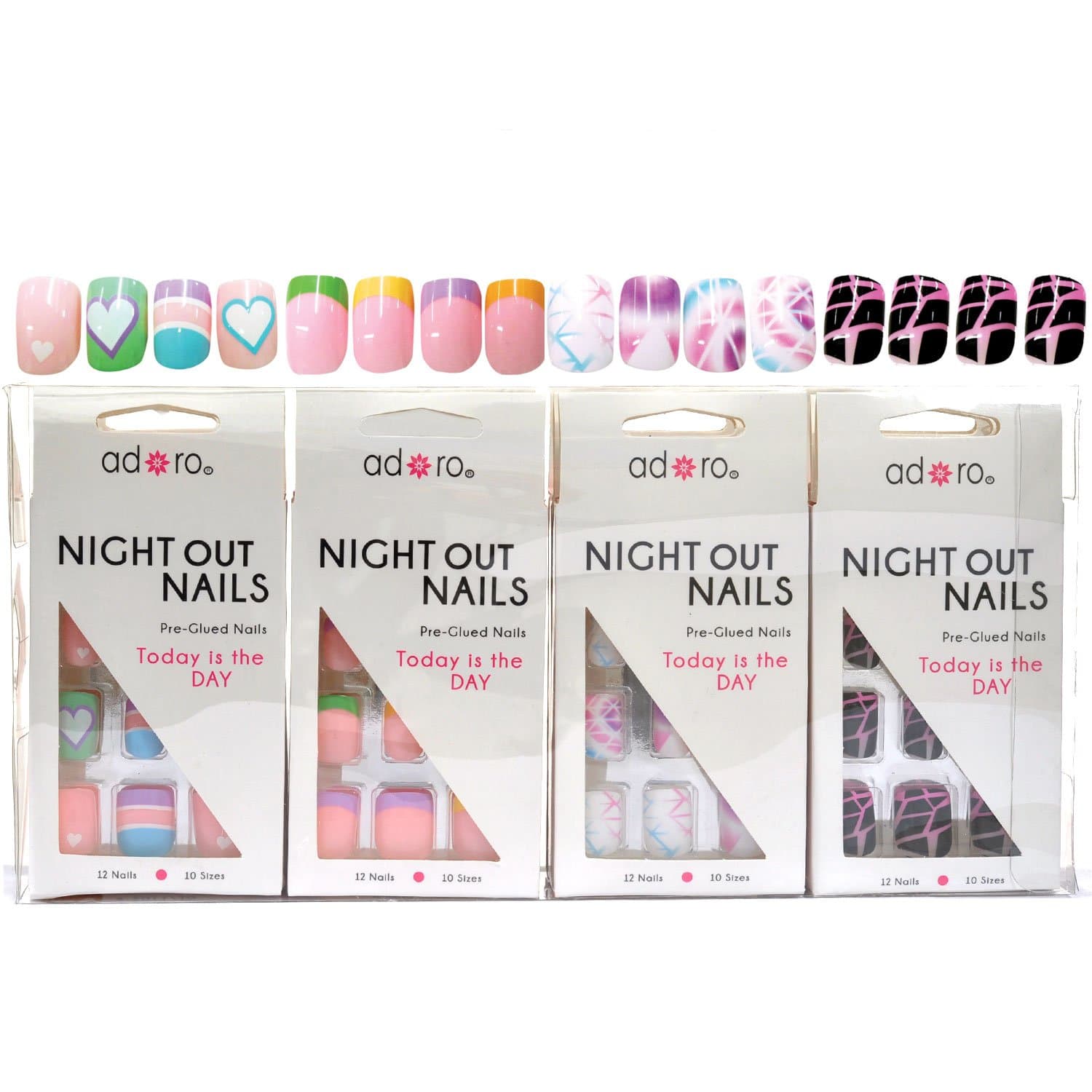 Adoro Night Out Nails 4 designs Pre-Glued Nail Tips Set of 12 in Style #10,1 Dozen Pack