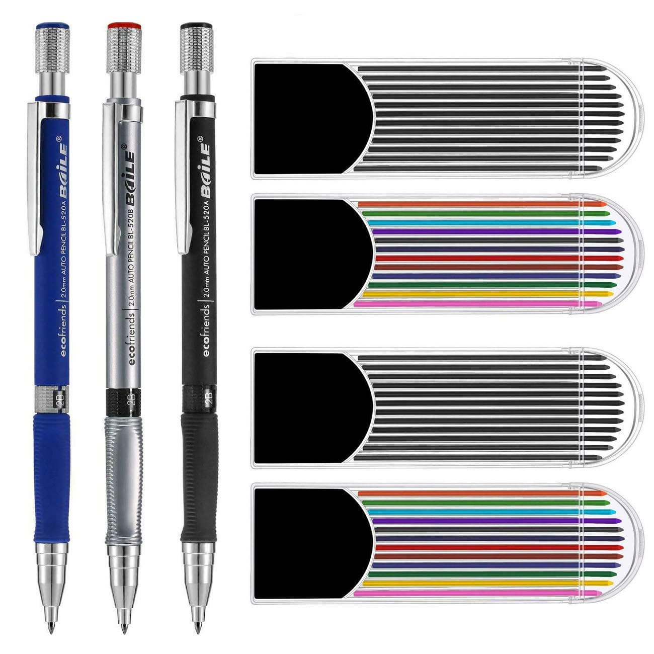 2.0 mm Mechanical Pencil Set with 3 Pieces Pencils, 4 Cases Lead Refills (2 Color 2 Black), 1 Pouch Bags, and 1 Earser for Writing, Drawing, Crafting, Art Sketching, Carpenter