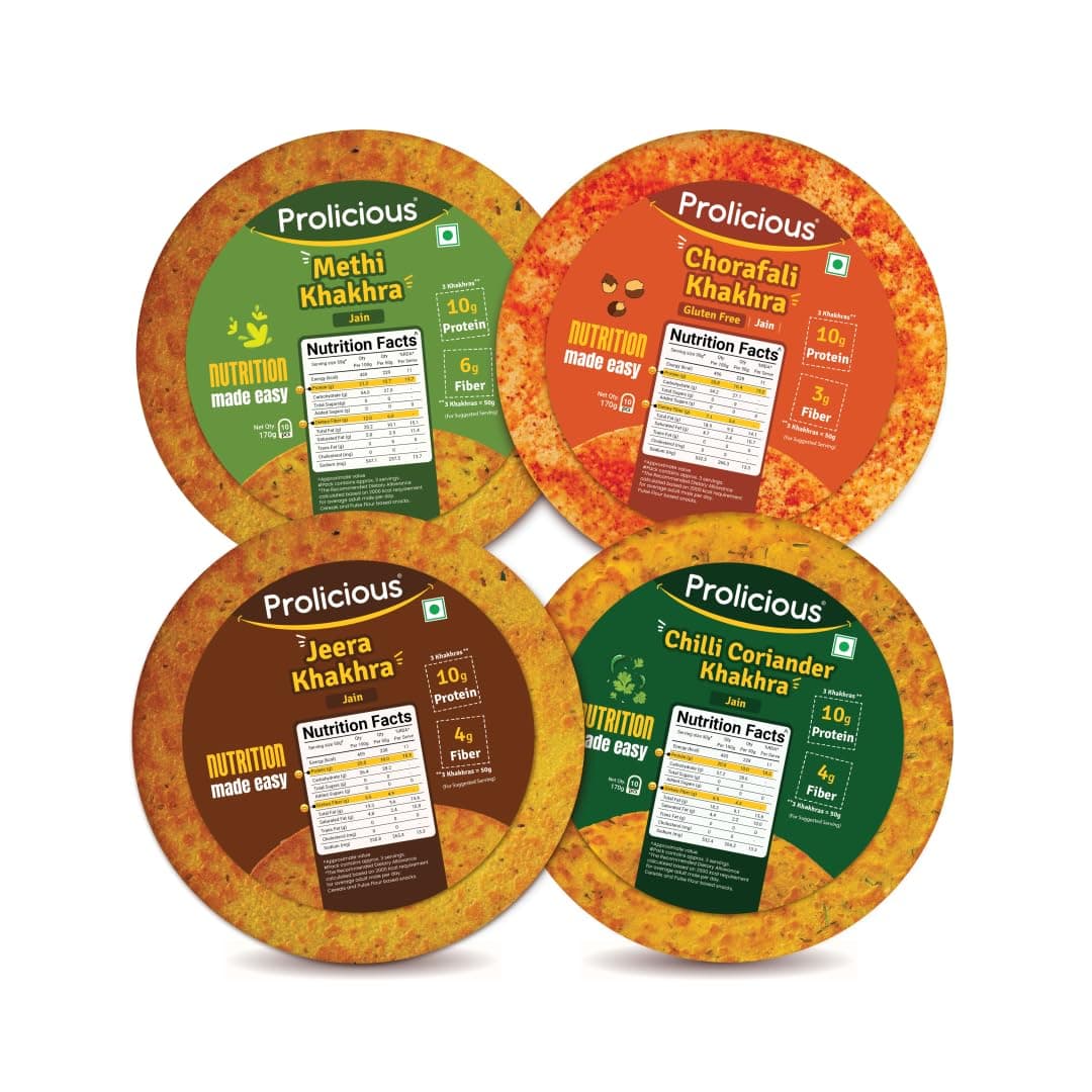Prolicious Jain Khakra Combo Gluten Free Chorafali Khakra Methi Khakra Jeera Khakra Chilli Coriander Khakra Evening Snacks – 170 Grams Each (Pack of 4)