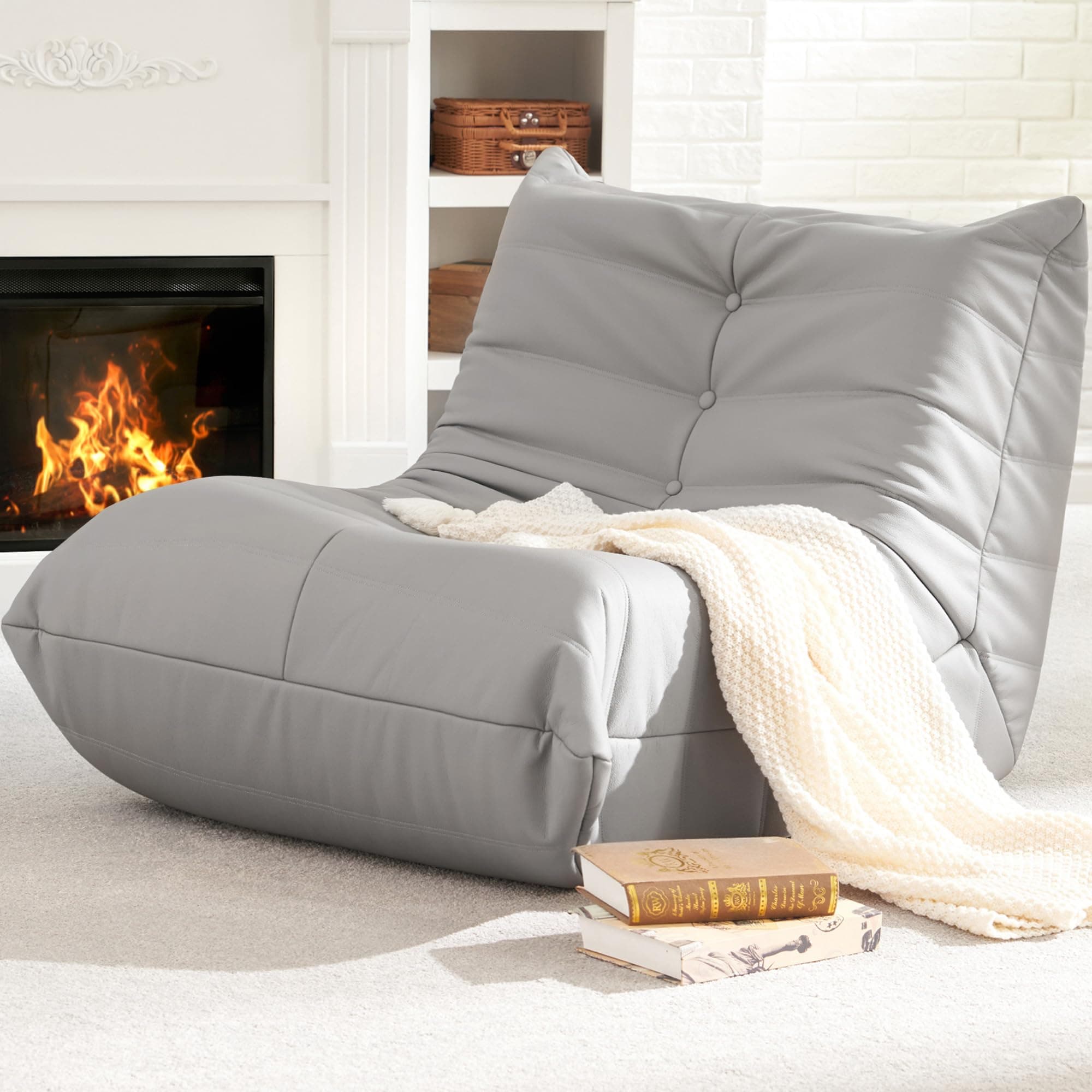 Giant Bean Bag Chair Lazy Floor Sofa, Memory Foam Fireside Sofa for Adults, Big Beanbag Faux Leather Armless Chair for Living Room Bedroom Dorm Office (Light Grey, Single)