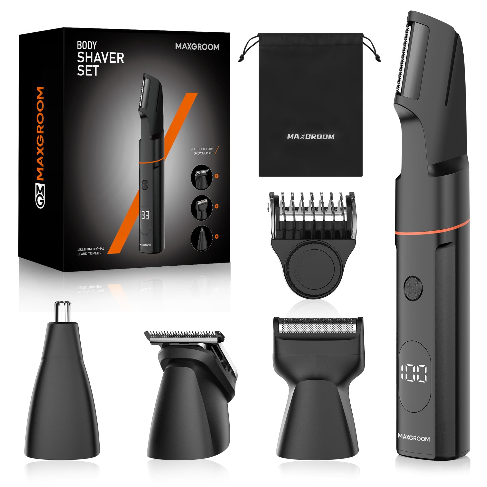 4 in 1 Electric Body Groomer for Men - Beard Trimmer With Nose Hair Trimmer, Rechargeable Manscape Razor for Private Parts, Back, Pubic (Black-1) (M)
