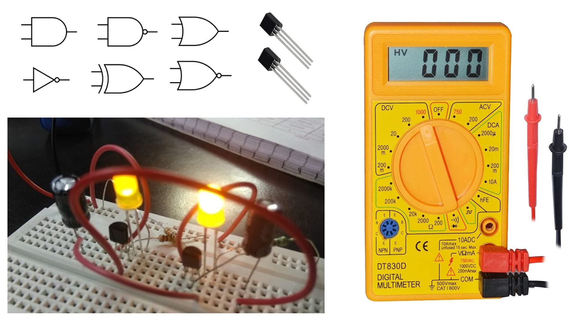 Pranathi Innovators - Make Logic Gates – Build and Study NAND, and, OR, NOR, NOT, XOR Gates and Switch Using Transistors, Kit with Digital Multimeter