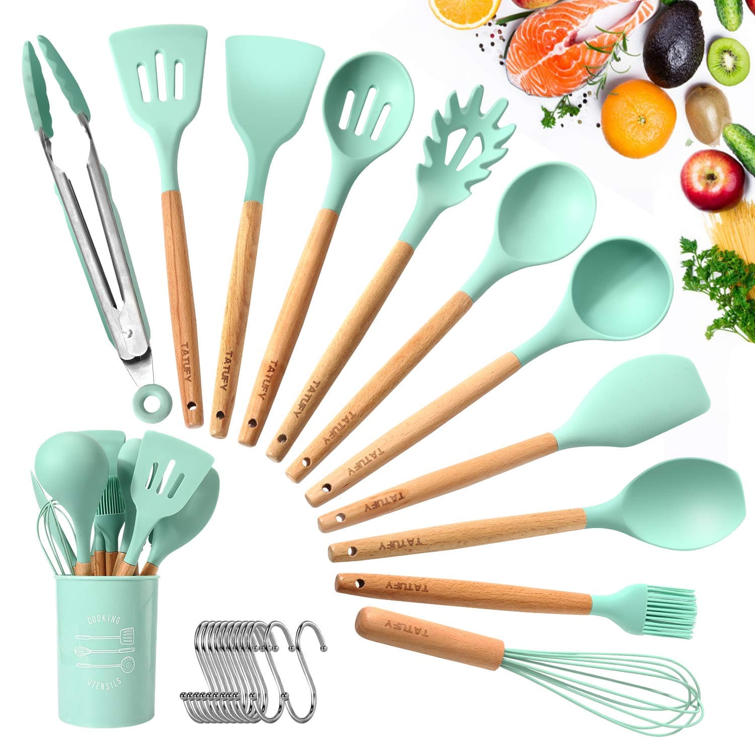 Kitchen Utensil Set 11 PCS Cooking Utensils With Plastic Utensil Holder, Non-stick Silicone and Heat Resistant Wooden Utensils. Non Toxic Turner Tongs Spatula Spoon Set. Best Chef Kitchen Tool Set