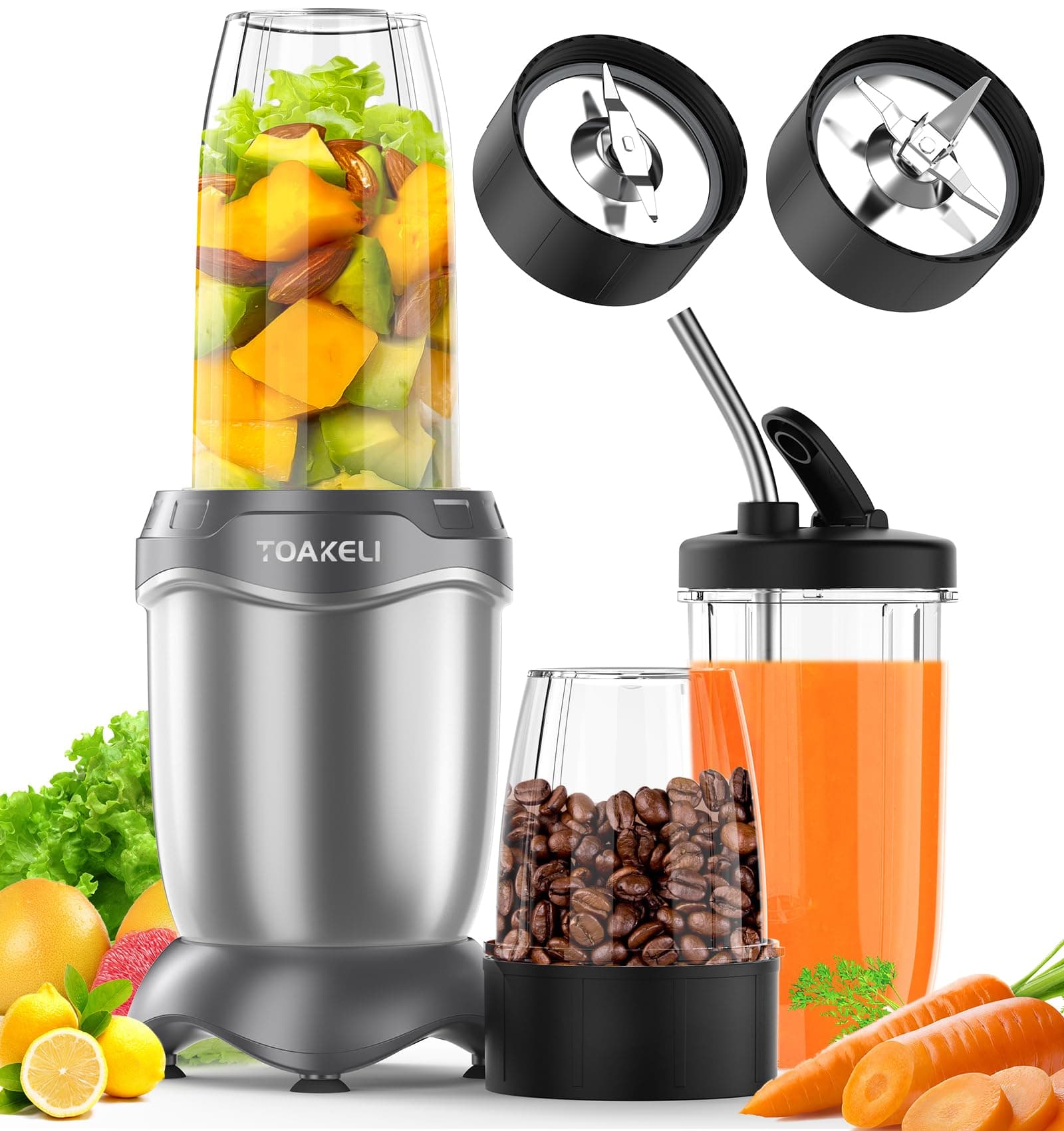 TOAKELI Smoothie Blender - 850W Compact Personal Blender, Frozen Drinks, Shakes & More, 2 * 20 Oz To-Go Cups, 2 * Spout-Lids, Silver