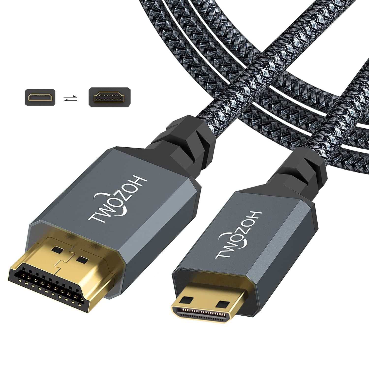 Twozoh Mini HDMI to HDMI Cable 10FT, High-Speed HDMI to Mini HDMI Braided Cord Support 3D 4K/60Hz 1080p 720p