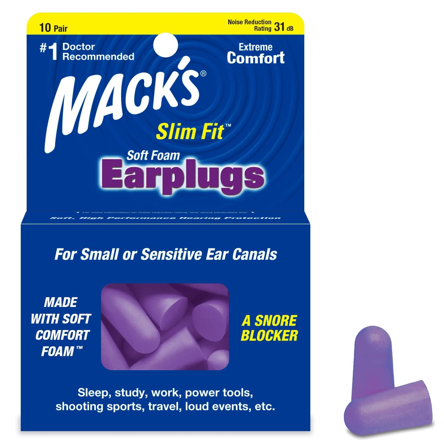 Mack's Safesound Soft Foam Slim Fit Earplugs - Pack of 10 Pairs