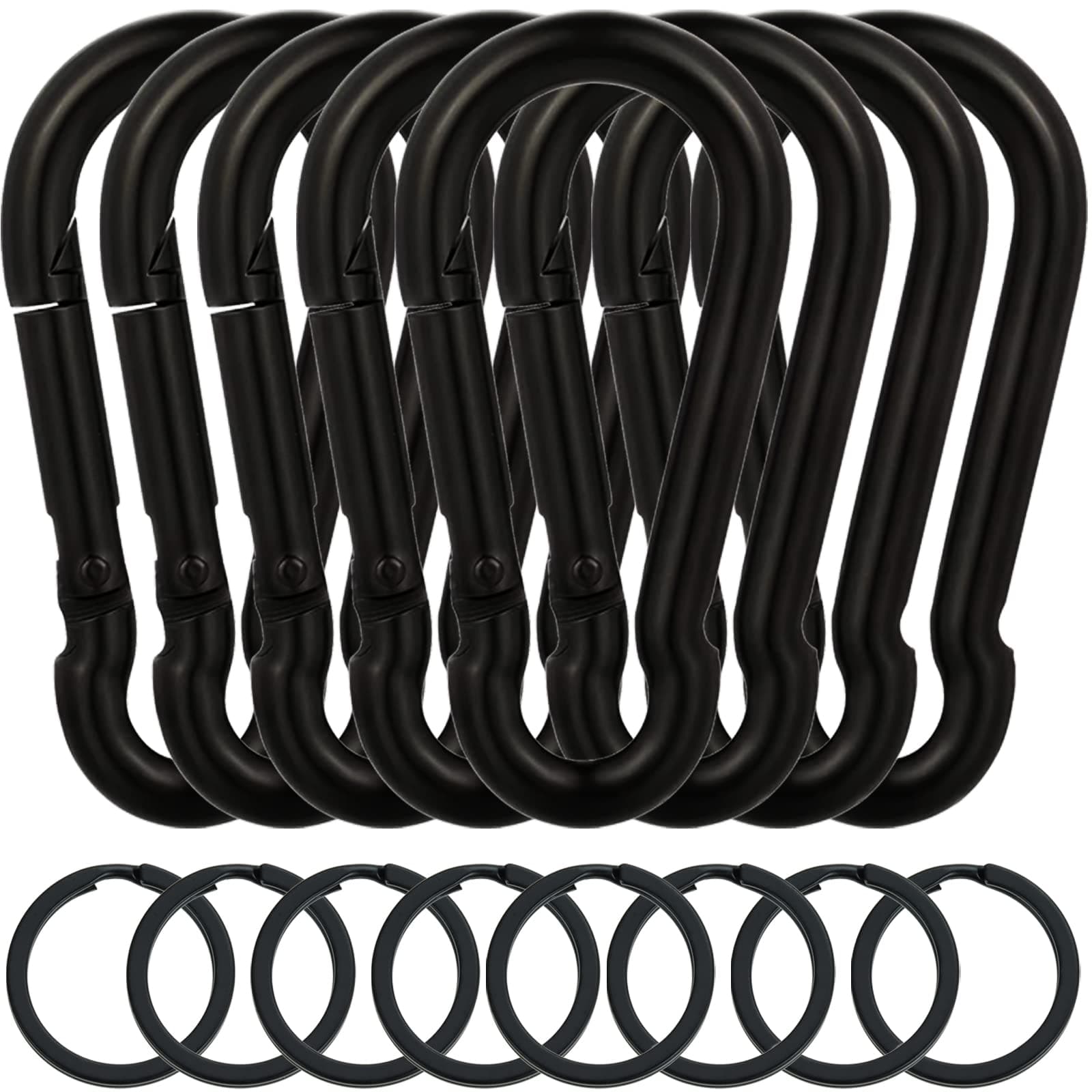 8 Pack Black Carabiner Clips with 8 Key Rings Heavy Duty Spring Snap Hook Zinc-Galvanized Steel Snap Clip Rope Connector Link Hooks for Camping Fishing Hiking Swing Hammock Dog Leash
