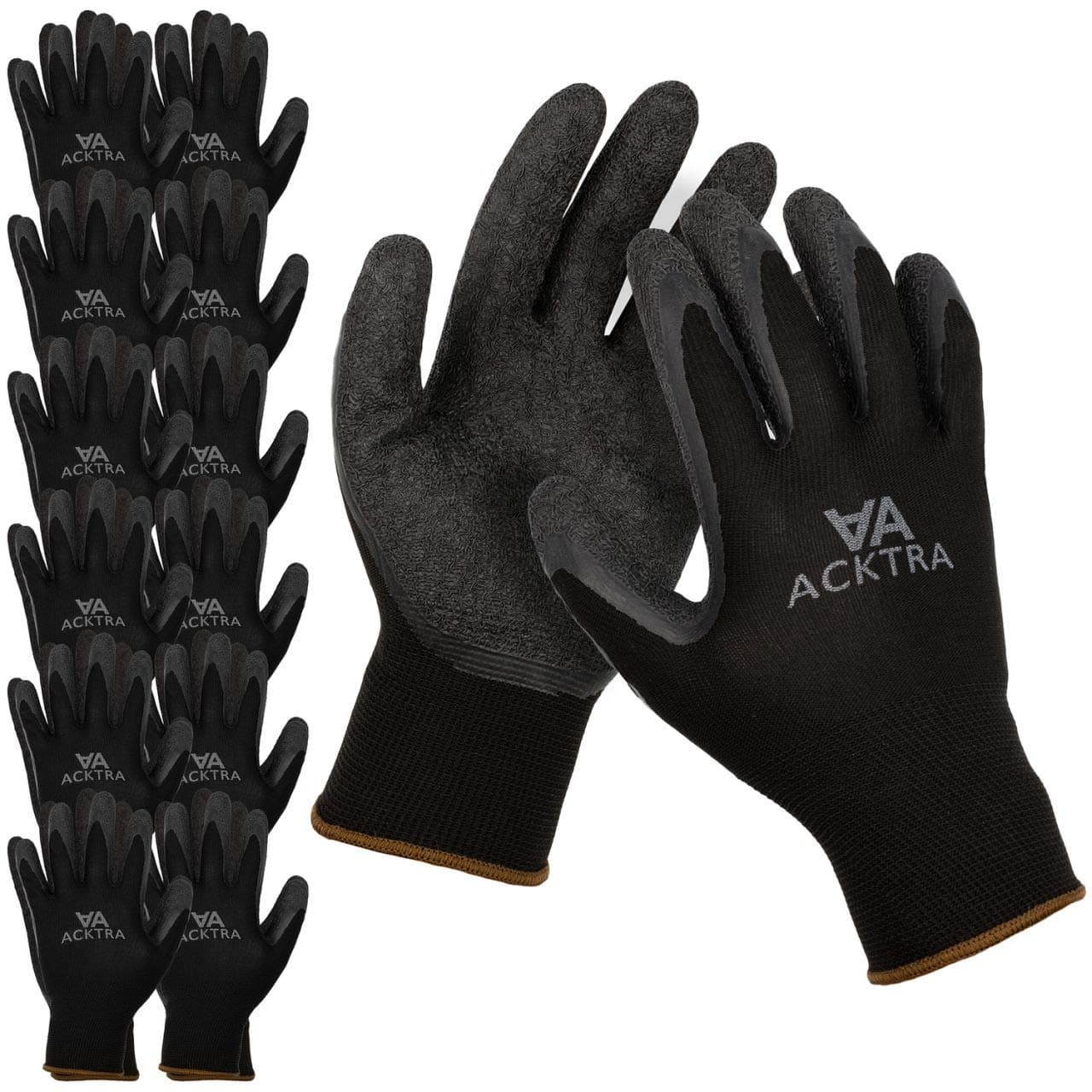 ACKTRA Coated Nylon Safety WORK GLOVES 12 Pairs, Knit Wrist Cuff, Multipurpose, for Men & Women, WG008 Black Polyester, Black Latex, Medium