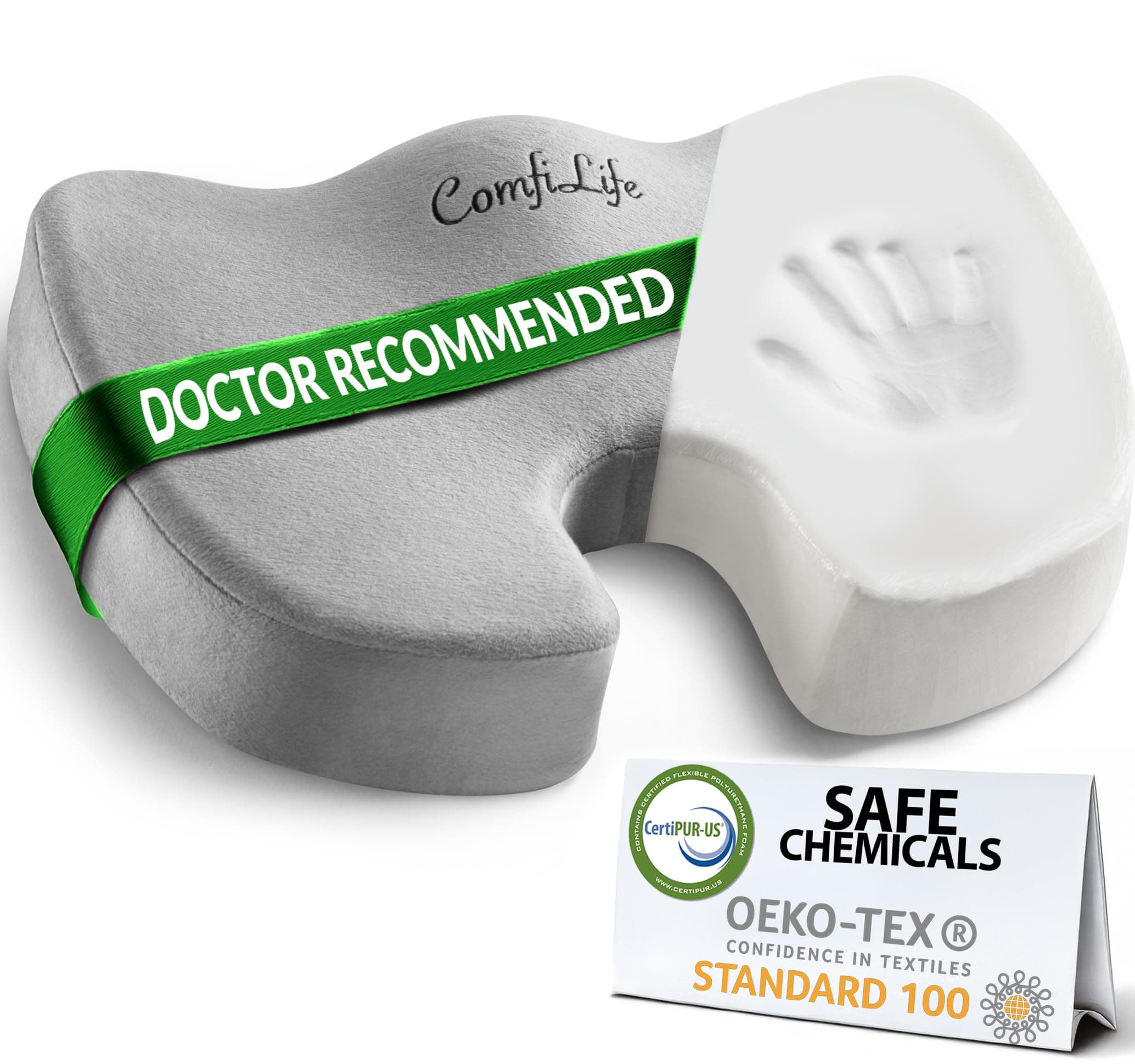 - ComfiLife Premium Comfort Seat Cushion - Non-Slip Orthopedic 100% Memory Foam Coccyx Cushion for Tailbone Pain - Cushion for Office Chair Car Seat - Back Pain & Sciatica Relief (Gray)