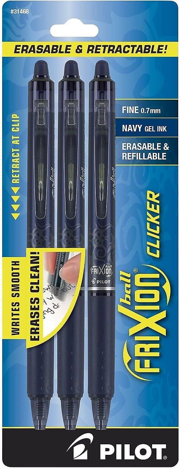 FriXion Clicker Erasable Pens, Refillable & Retractable Gel Ink Pens, Fine Point 0.7 mm, Navy Ink, 1-Pack (Pack of 3) - Ideal for School, Journaling, & Office Writing