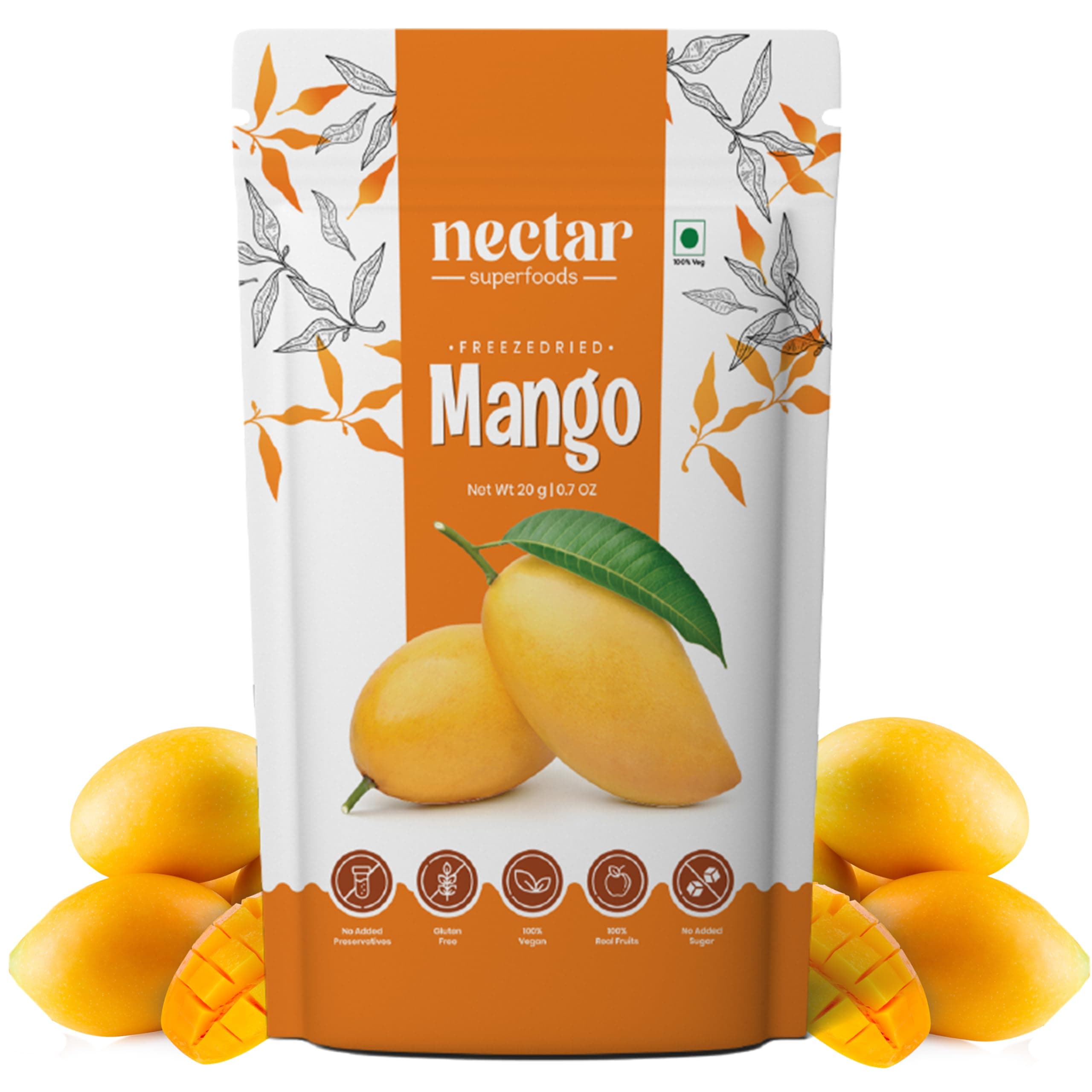 Nectar Superfoods Freeze Dried Mango | No Preservatives, No Added Sugar, Healthy Dried Fruit | 100% Natural, Vegan, Gluten Free Snack for Kids and Adults | 20 gram Pouch