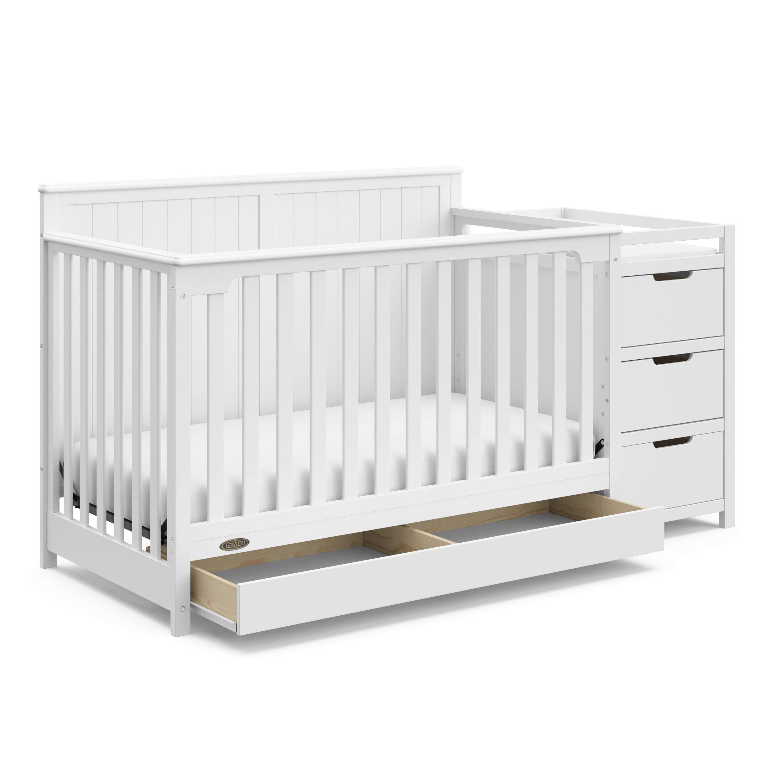 Graco Hadley 5-in-1 Convertible Crib & Changer – GREENGUARD Gold Certified, Fits Standard Crib Mattress, Converts to Toddler Bed and Full Bed, 4 Adjustable Mattress Heights (White)