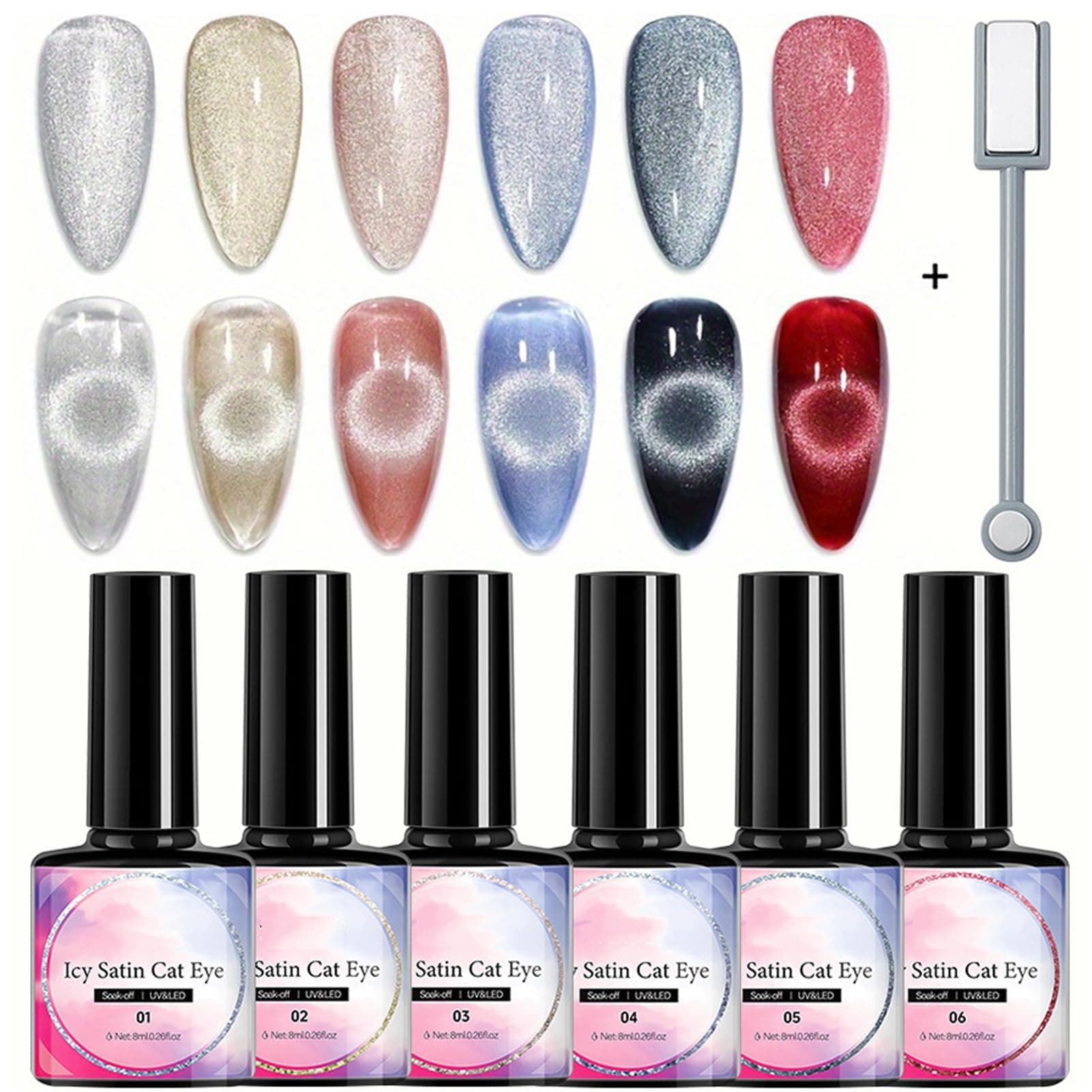6 Pcs Holographic Glitter Cat Eye Gel Nail Polish Kit, with Magnet, Rainbow Pastel Color Magnetic Nail Polish Gel, for Women Girls, Soak Off UV Polish Kit, Silver, Red, Black, Blue, Nude