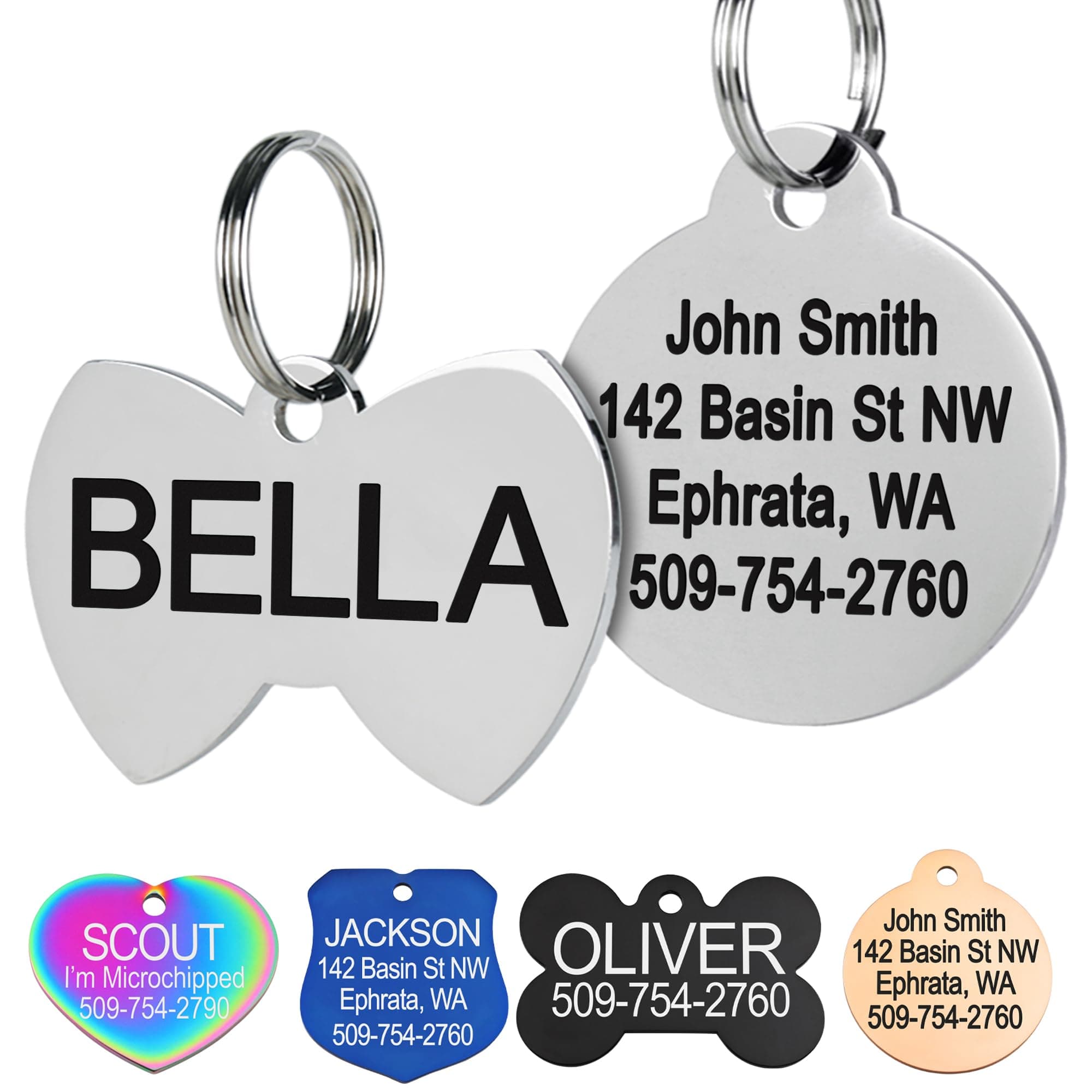 Stainless Steel Pet ID Tags, Personalized Dog Tags and Cat Tags, up to 8 Lines of Custom Text, Engraved on Both Sides, in Bone, Round, Heart, Bowtie and More (Bow Tie, Regular (Pack of 1))