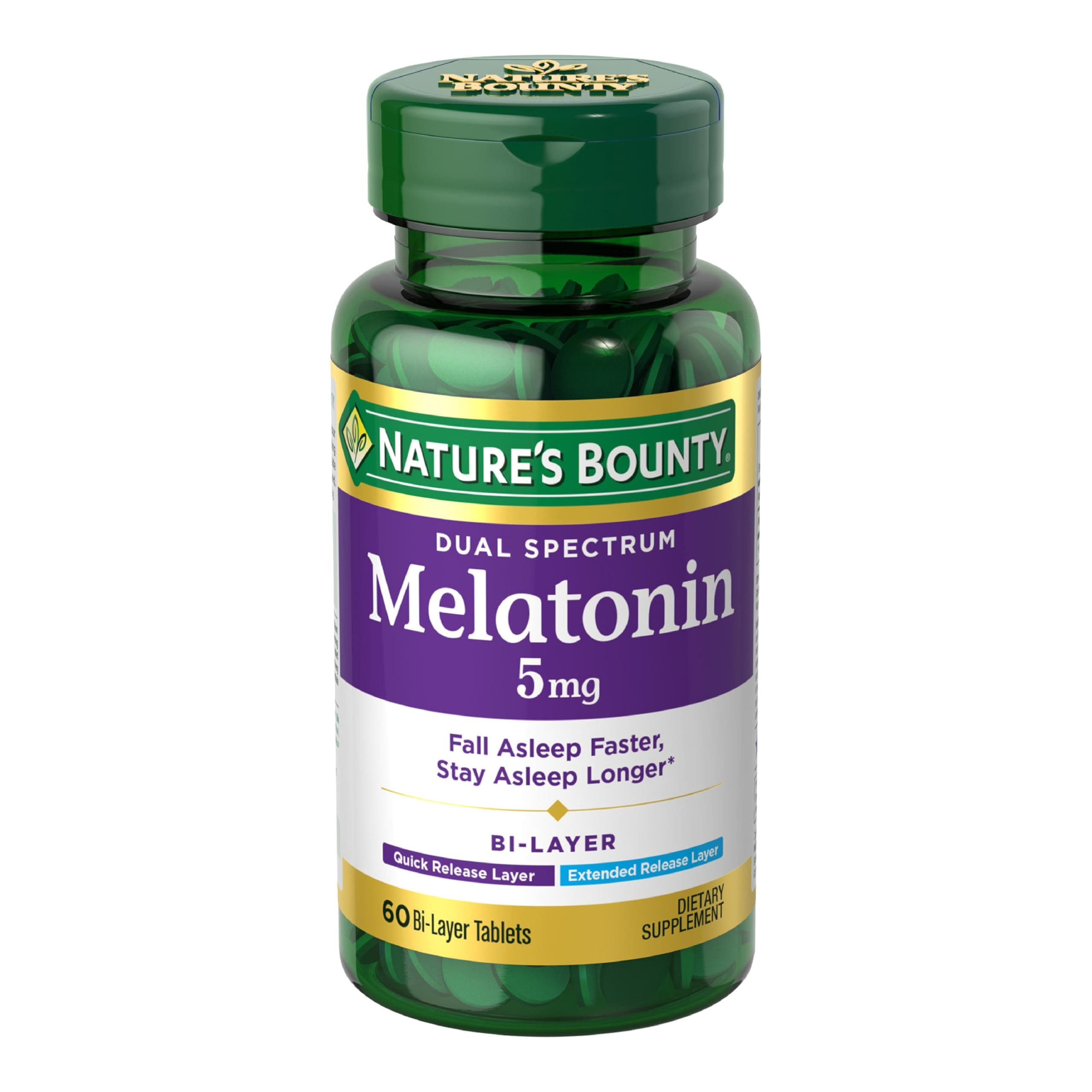 Nature’s Bounty Melatonin 5mg Dual Spectrum, 100% Drug Free Sleep Supplement, Quick Release and Extended Release, Promotes Relaxation and Sleep Health, 60 Bi-Layer Tablets