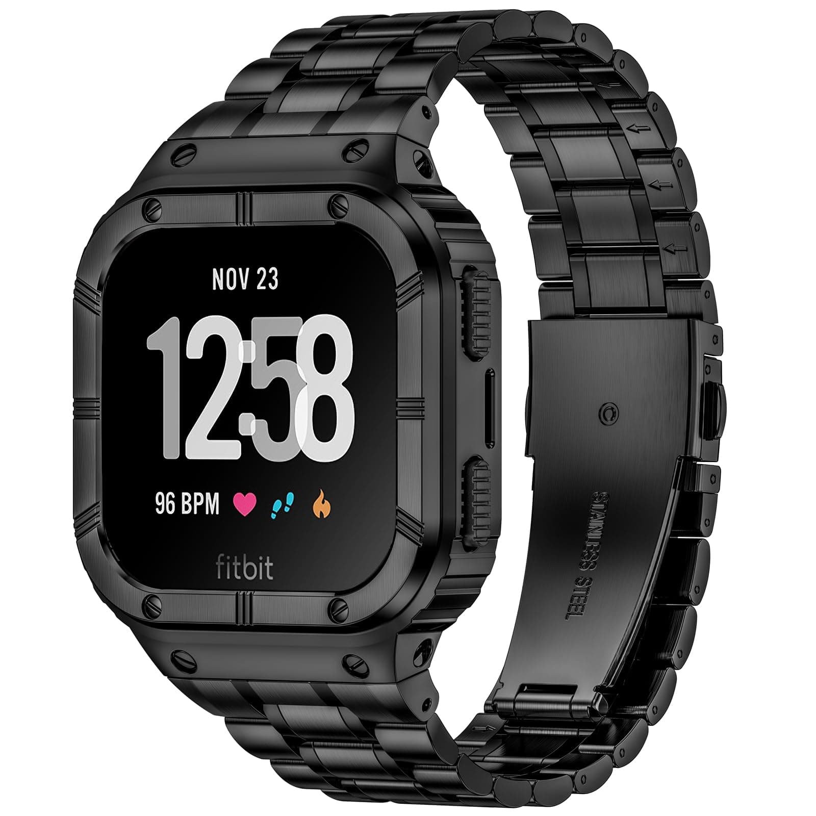 Stainless Steel Watch Band with Case Compatible for Fitbit Versa/Fitbit Sense Bands, Rugged Protective Bumper Metal Wristbands for Men Women