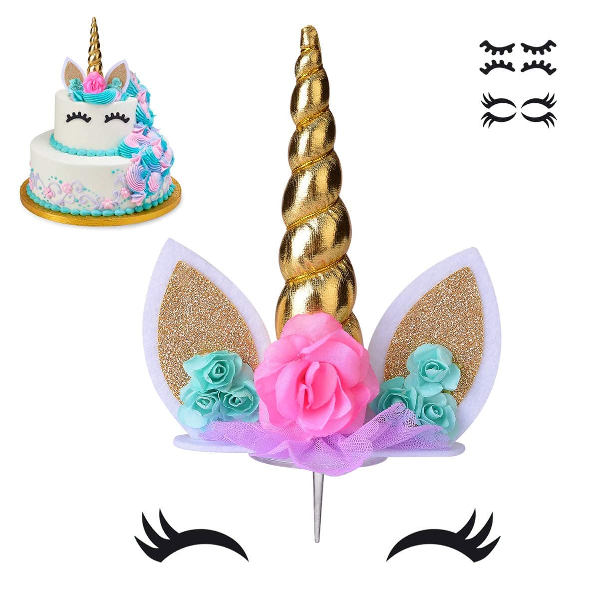 COONOE Unicorn Cake Topper, Handmade Party Cake Decoration Supplies with Eyelashes,Reuasble Gold Horn for Birthday Party,Baby Shower&Wedding UC-ME-1
