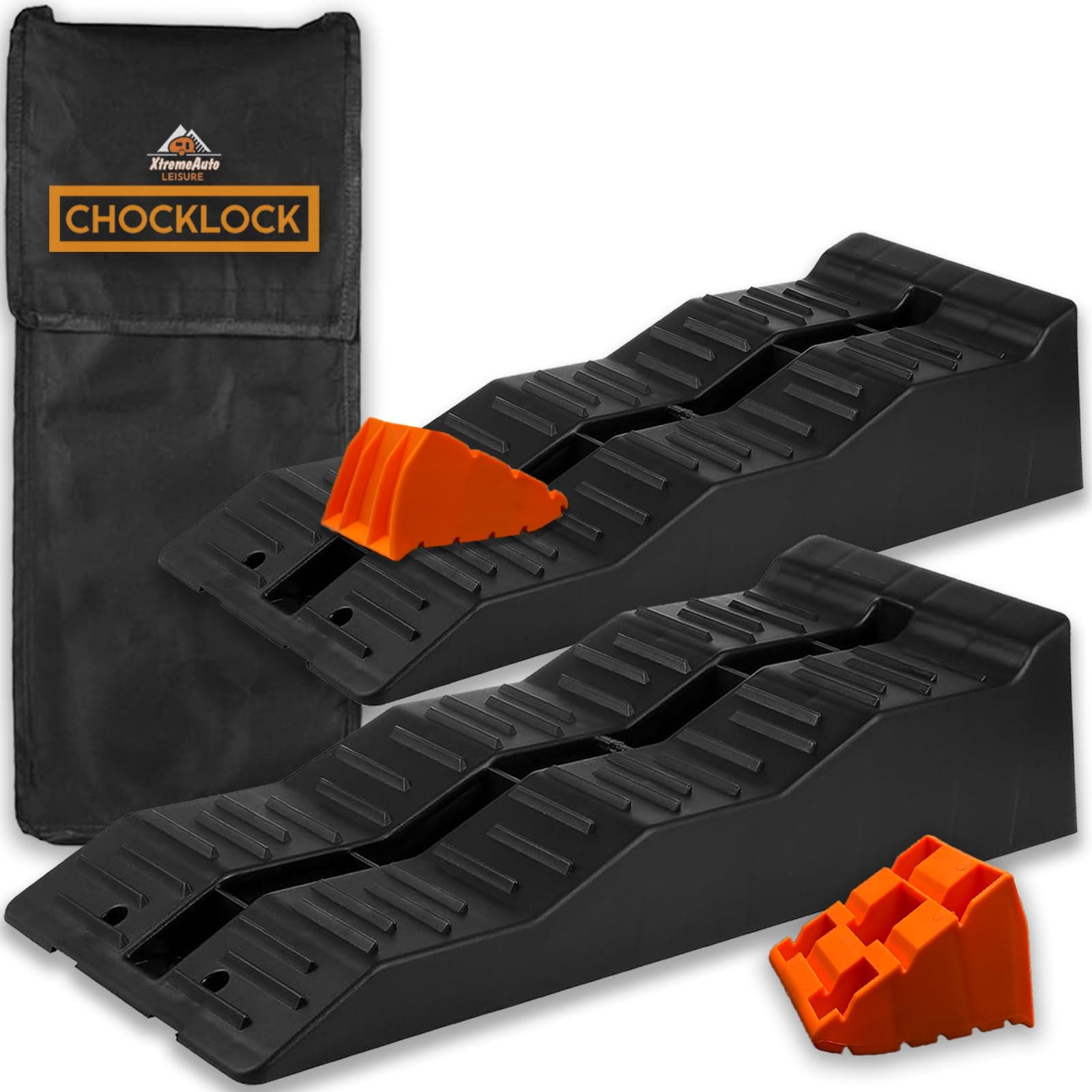 Xtremeauto CHOCKLOCK Caravan Levelling Ramps - 2 Pack Heavy Duty Motorhome Ramps with Chocks & Bag, UV-Resistant Non-Skid Campervan Blocks (5 Tonne Load) - Black