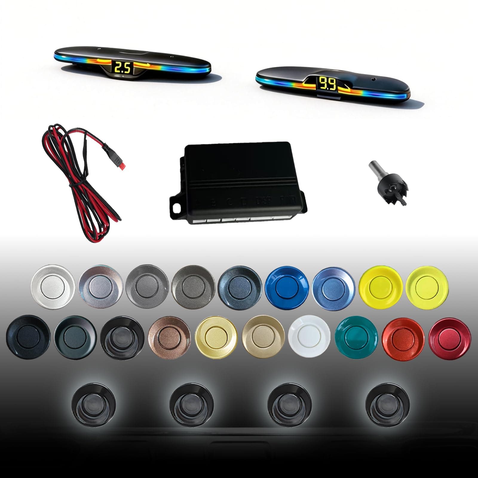 - New Feature Rear Parking Sensor with Selectable Distance in Feet, Bidirectional Display Options, and Customizable Numeric Orientation 19 Colors Sensor of Probes are Available for Selection(Black)