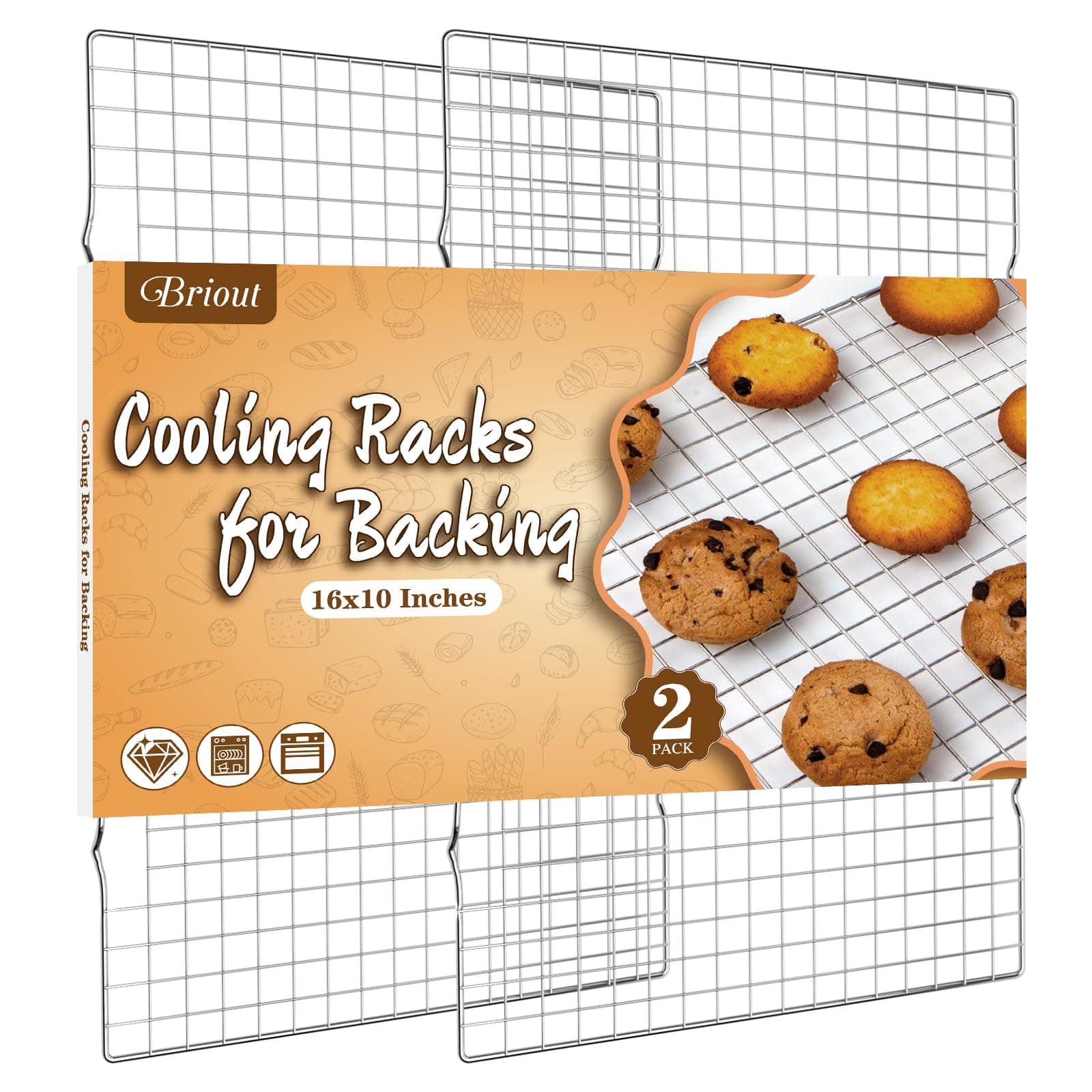 Briout Cooling Rack for Baking 2-Pack, 16x10 Inches Baking Rack, Thick Wire Cookie Rack for Cooking, Roasting, Grilling, Drying, Oven Safe, Fits Half Sheet Pan