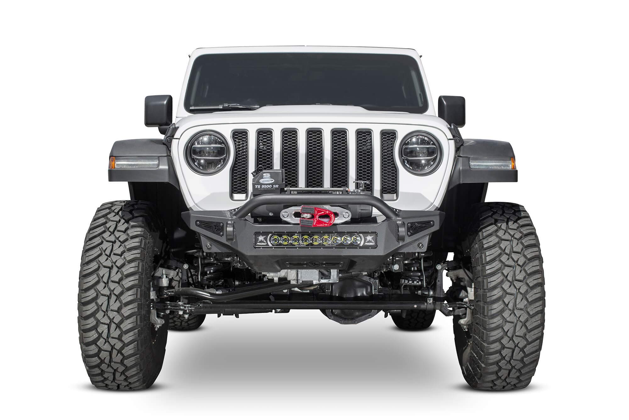 Addictive Desert Designs F964902080103 Rock Fighter Front Bumper Hammer Black Skid Color Satin Black Mount 20 in. Radius LED or 5 Cube Lights Low Profile Top Hoop Rock Fighter Front Bumper