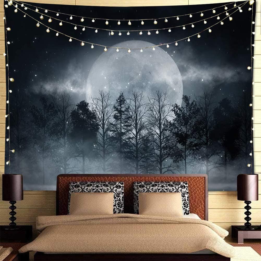 Forest Moon Tapestry, Trippy Tapestry Mystic Forest Starry Night Full Moon Blacklight Wall Hanging Tapestry For Bedroom Living Room Dorm